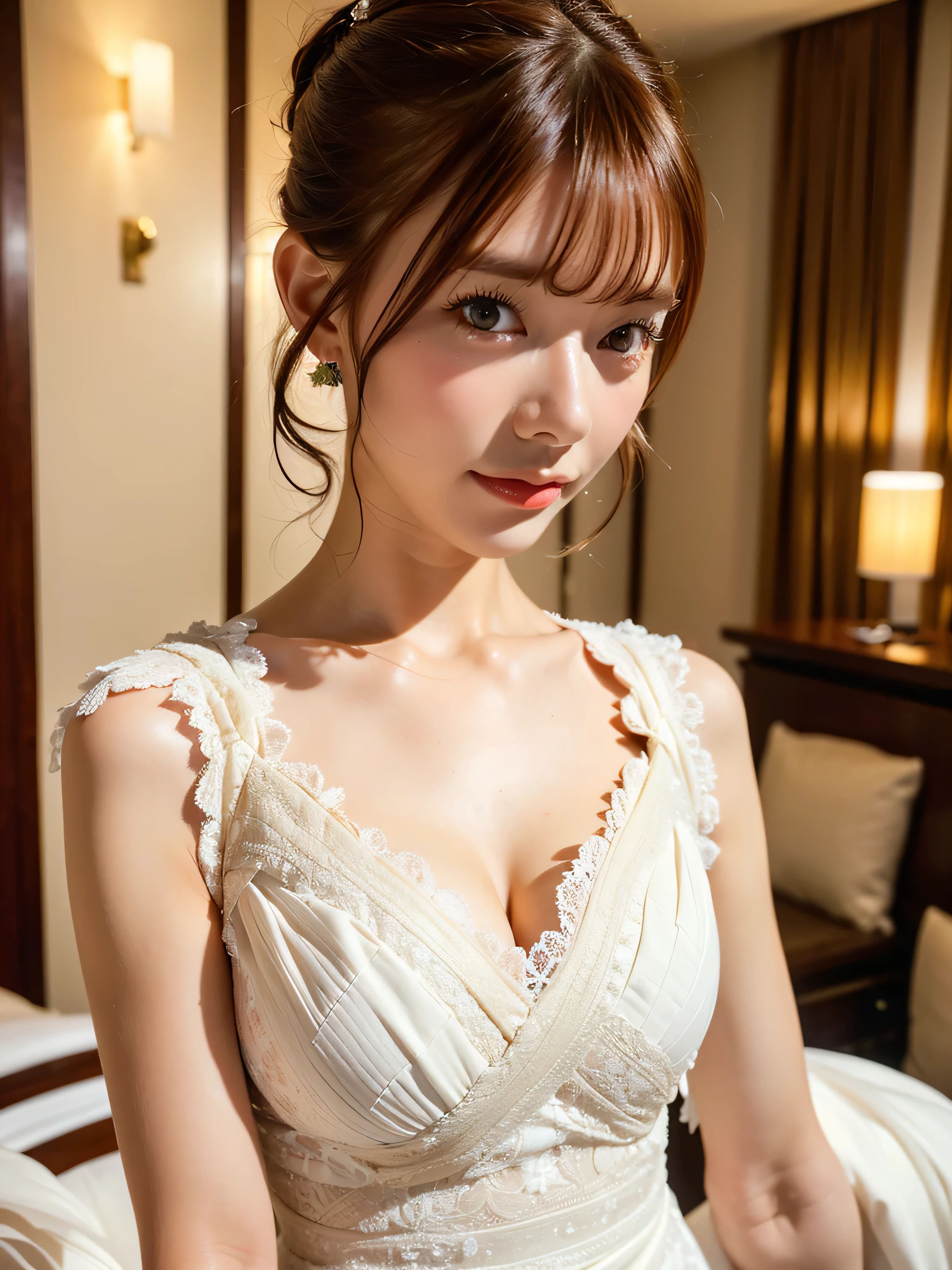 (8k、RAW Photos、Highest quality、masterpiece:1.2)、(Realistic、Realistic)、1 girl、((Wedding dress、Chapel、long hair、View from the front、smile、Look at the camera and smile、stand))、cute、Large Breasts