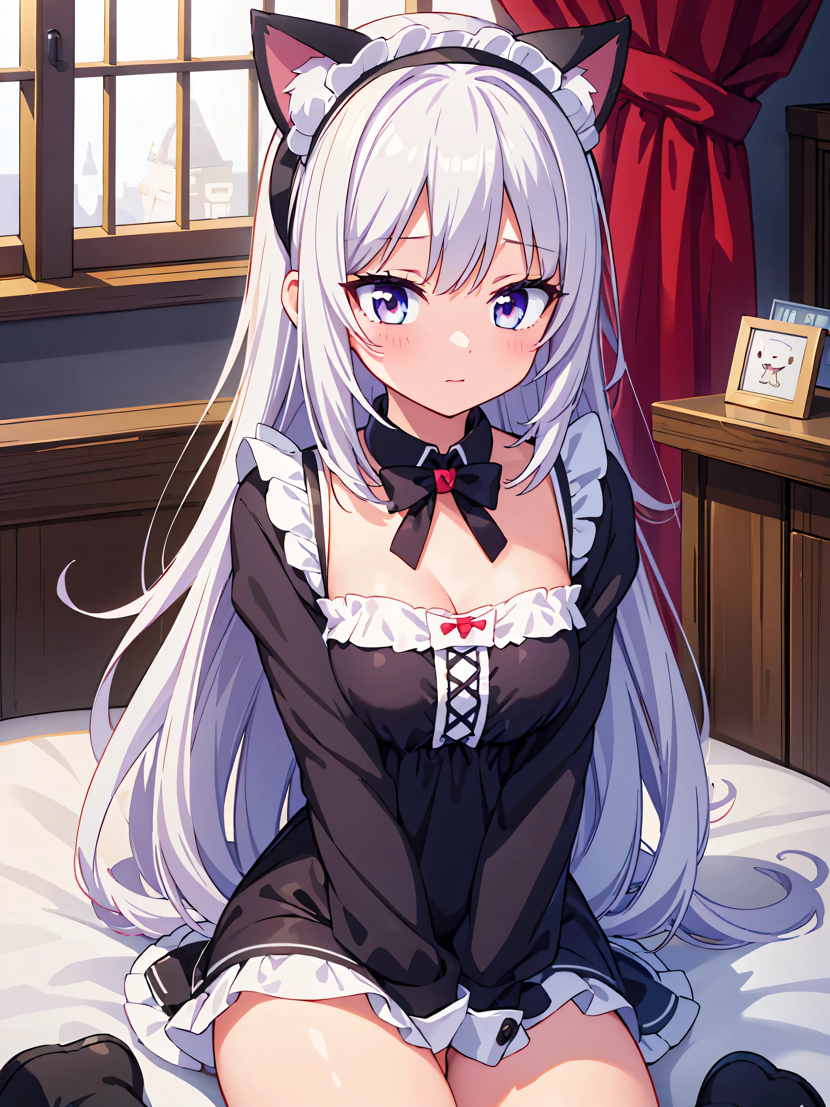 Highly detailed, high quality, masterpiece, beautiful, (all photo shooting), girl student, perfect eyes, red eyes, light eyes, blushing face, happy face, cat girl, sitting playing video games, big thighs, medium chest, short stature, long hair, white hair, with bracelet on hand, bow in hair, headband, with cat ears, with short maid outfit, with panties stuck between vagina, shows full panties, sexy, background image in a gamer room with led lights