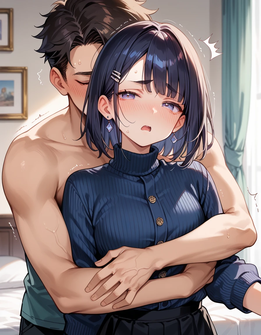 Perfect human body、1boy,1girl in、a couple、hetero、 SFW, ((Realistic, masutepiece)), (Very detailed background、In front of the door of the apartment), ((Stretch Loose T-Shirt)), (((Stand next to the girl、Black-skinned macho man putting his hand on girl's shoulder))), ((Big ass)),  ((Waving Woman)), Dark hair、Colossal tits、((fear expression)), (blushed face), Big macho black man standing next to girl、Man Without a Face、Vulgar laughing man、