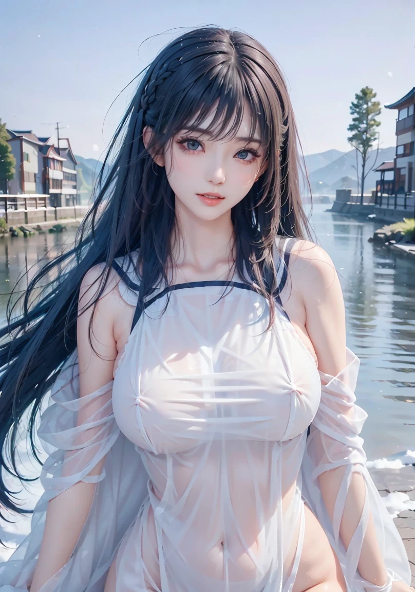 Masterpiece,Best quality,(Photorealistic:1.4),(Ultra detailed:1.3),(full bodyesbian:1.4),(In winter:1.3),1girll,Huayan,Bare shoulders,Solo,(See-through:1.2),(standing:1.2),(Barefoot:1.2),(Huge breasts:1.2),(Sunlight:1.1),(City:1.3),(beachside:1.4),(Outdoors:1.3),Unity 8k wallpaper,Blunt bangs,Black hair,1girll,Solo,