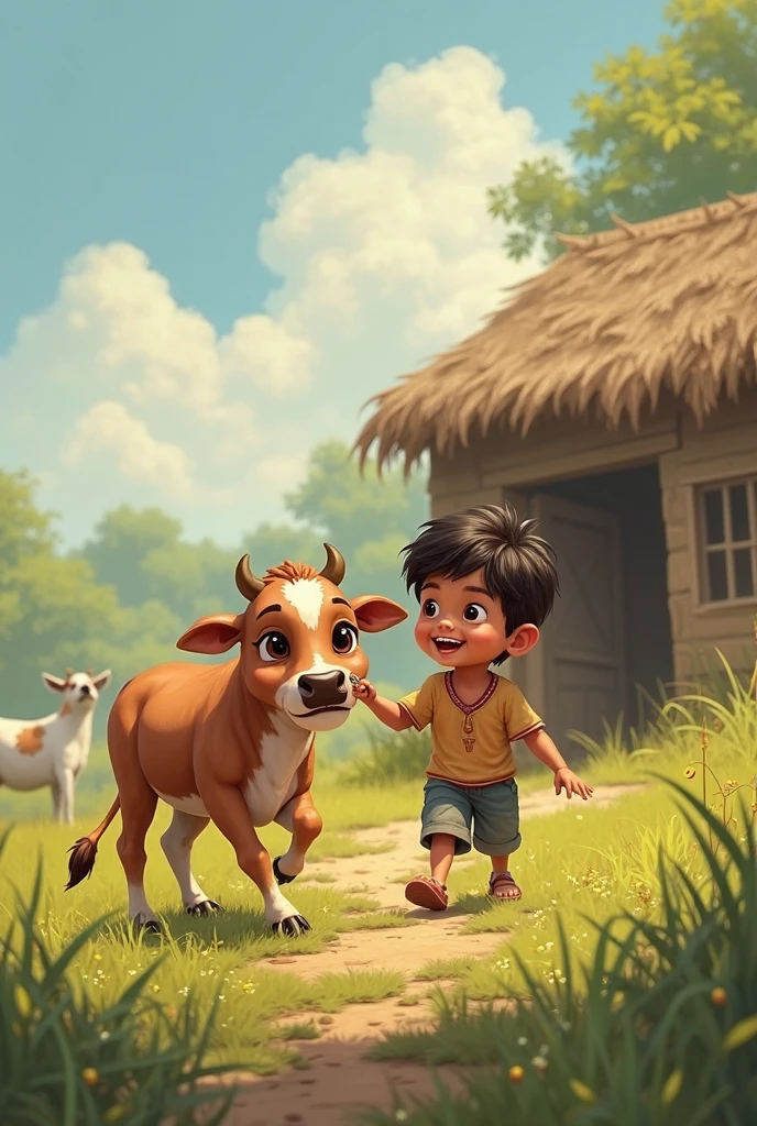 There is a calf with a children with a balti