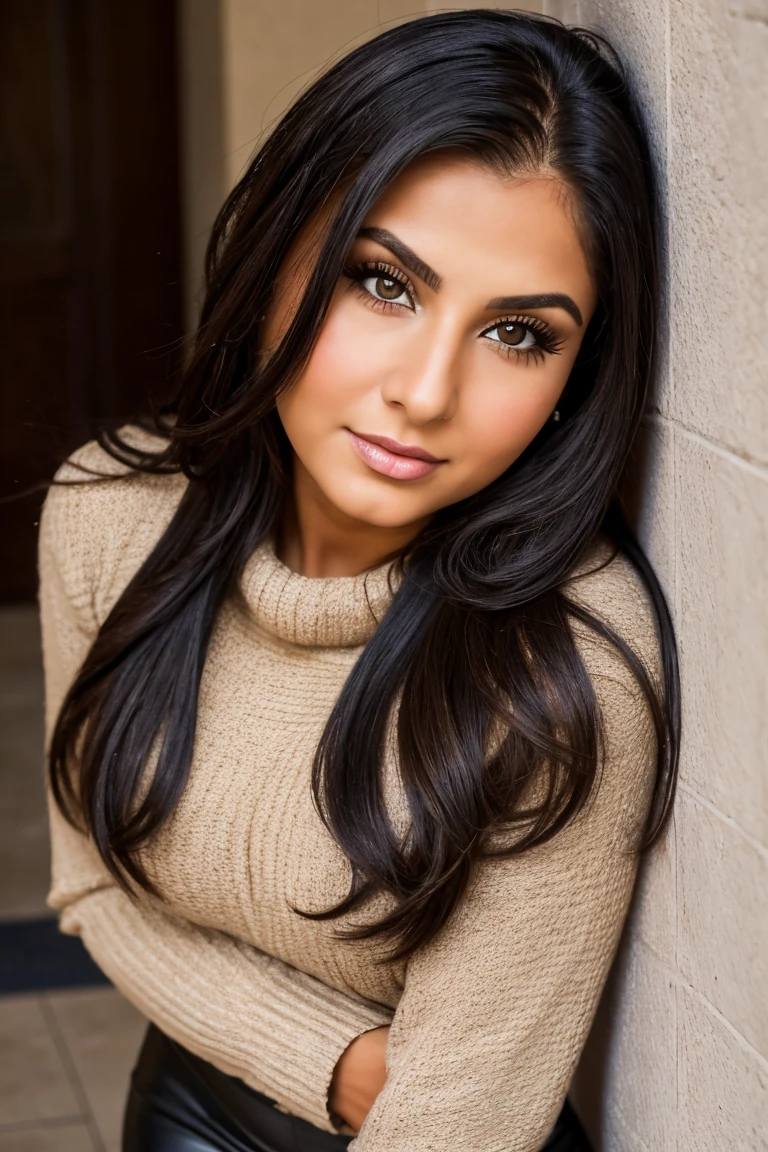 dian36ur3rr3r0 ,long hair, looking at viewer, smile, long sleeves,sweater, black shirt, turtleneck, purple background, hands on hips, black sweater, <lora:Diane_Guerrero_PMv1a_Lora:1>,, detailed skin texture, (blush:0.5), (goosebumps:0.5), subsurface scattering, ((Glamour Shot)), high quality photography, 3 point lighting, flash with softbox, 4k, Canon EOS R3, hdr, smooth, sharp focus, high resolution, award winning photo, 80mm, f2.8, bokeh