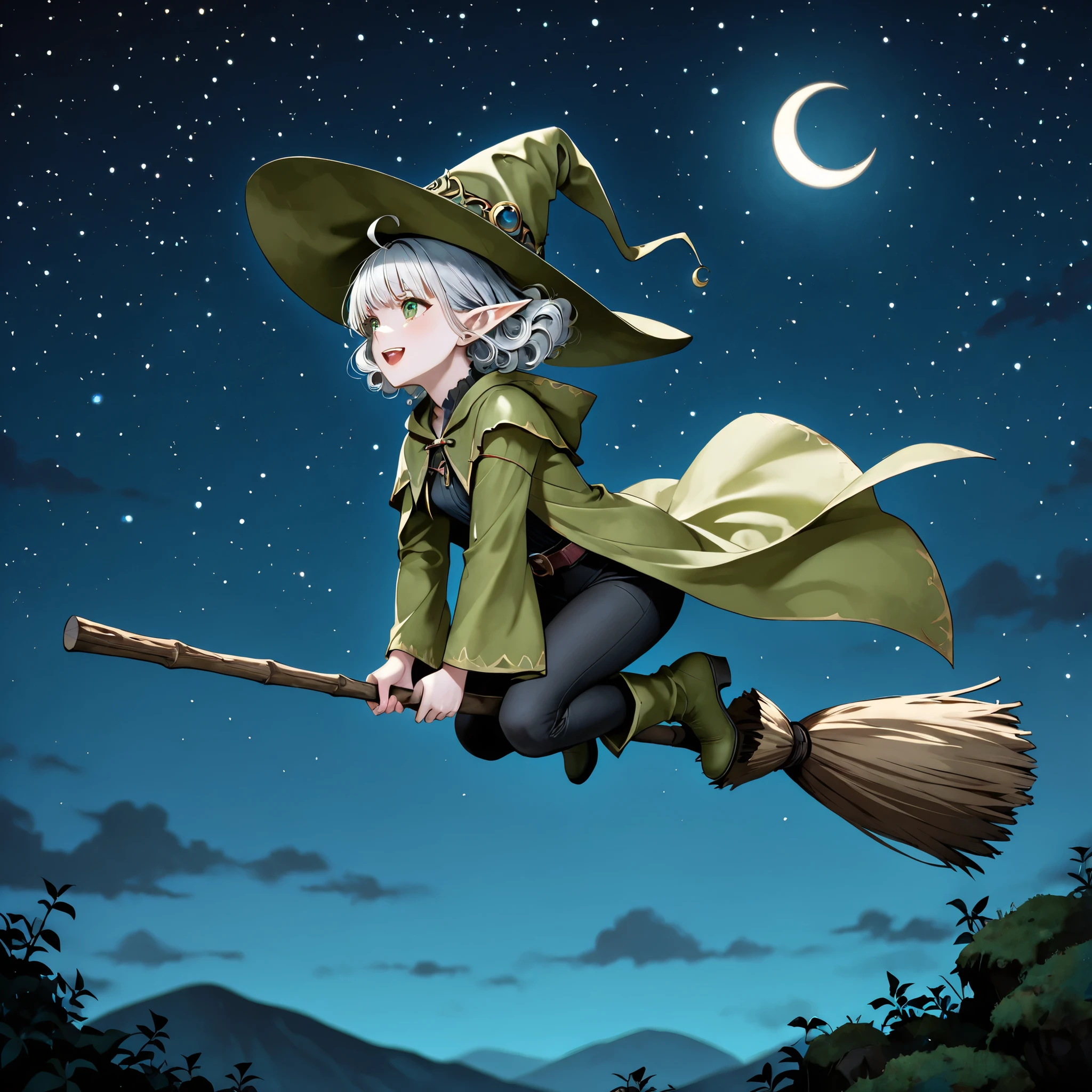 Solo elf, female, silver hair, short hair, medium cut, curly hair, ahoge, green eyes,slender, fair skin, annoyance, cool emotion, cool mild smiling, dark fantasy, pants, moss green wizard robe, riding broom, flying, floating, Witch's Pointed Hat, outside, in the sky, at night, with a crescent moon, with a starry sky, waving at the camera