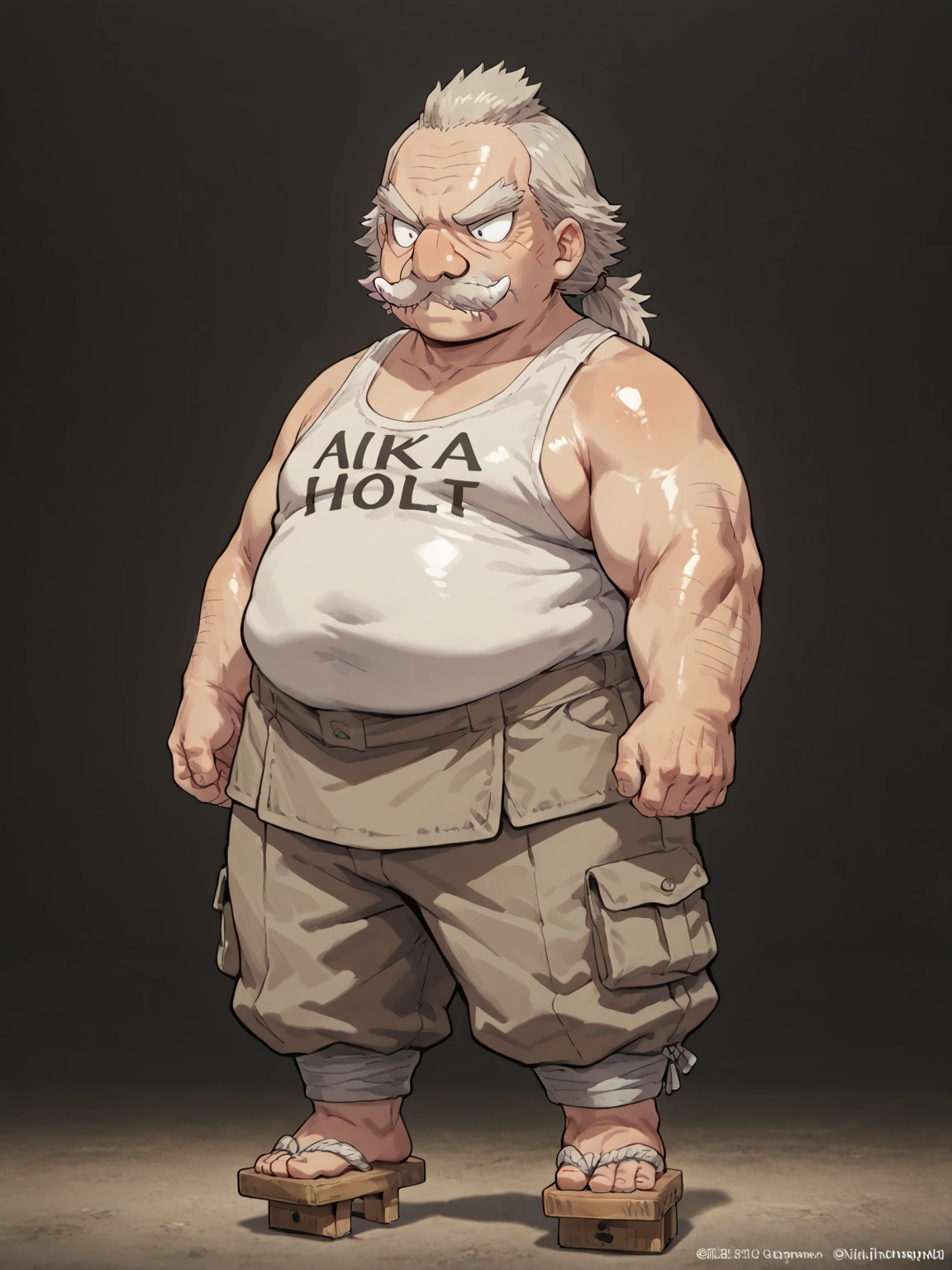 （（（One Japanese old man））），長い眉毛，長い白髪，ponytail，long hair，（（ぽっちゃりの丸顔））），big round nose，full body，great quality，  old man  ，Shiny skin，White baggy tank top，Beige baggy cargo pants，geta,male,facial tusks,round body,fat,thick arms,sharp tusks,hair tuft,masterpiece, 8k, high detail, f/1.8, 135mm, Nikon, UHD, retina, masterpiece, curate, anatomically correct, textured skin, super detail, high details, high quality, best quality, highres, 1080P, HD, 4K, 8k