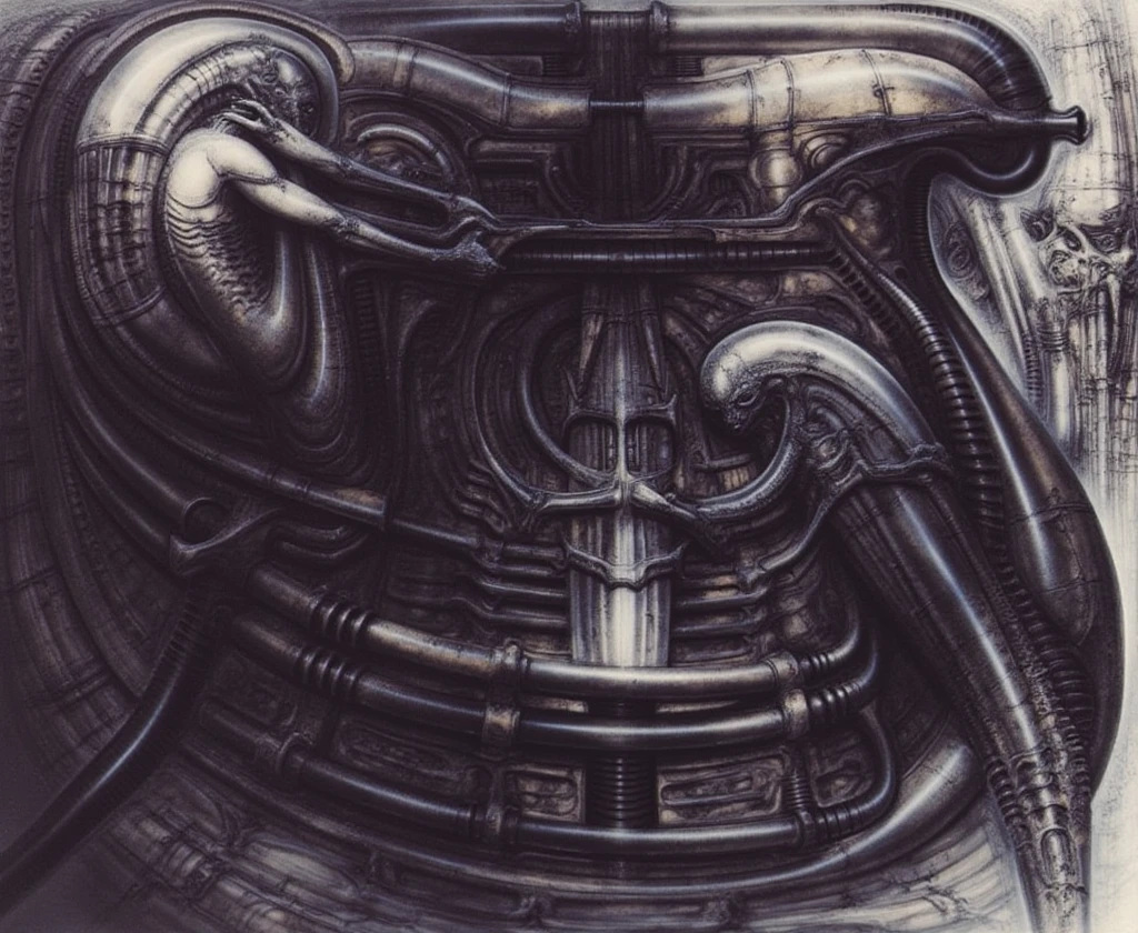 The image is a detailed view of H.R. Giger's biomechanical tableau \" Landscape XVI \" plate, featuring.
(airbrush painting, Giger's alien in front of broken alien ship in landscape, natural light, sharp focus, illustration, highly detailed, digital painting, concept art, matte, art by gric and kozhanov and moebius and Alphonse Mucha, masterpiece, HDR ,UHD , uplight, in HRGigerArhP style);1.
surrealistic painting of a monster with multiple tentacles and a body that looks like a brain, surrounded by a chaotic scene of swirling clouds and other monsters
It's a complex network of bones and organs in eldritch color scheme:a greenish-brown hue ,swirling gery and brown colors. The artwork is silverish and green brown, with an ivory bones prominently displayed. The image is highly detailed and intricate, almost like a 3d version of a medical sketchwork.
The piece is a tableau, most likely created with a India ink pen or pencil on paper, determined by the thin lines, shading techniques, and the texture of the paper, which is visible around the edges.
Used is pen, given the shading and variations in line weight visible in the image. Artist have used a variety of stylus with different degrees of hardness to achieve the shading effects.
The use of undersaturated green-grays dark contrasts creates a stark and graphic look. Is used a variety of linework techniques to create different textures. Fine, parallel lines create a smooth, metallic texture,while thicker, more cursive lines suggest cables or wires.
Light source from the top highlights skeletals, pper part of foreground, lower part of image is in shadowupper part of foreground, lower part of image is in shadow.
The art performance showcases the artist’s skills in observation and rendering. The level of detail in the piece suggests a close study of real bone specimens and mechanics. The artist has skillfully used shading techniques to create a convincing illusion of three-dimensionality on a flat surface. The wrinkles