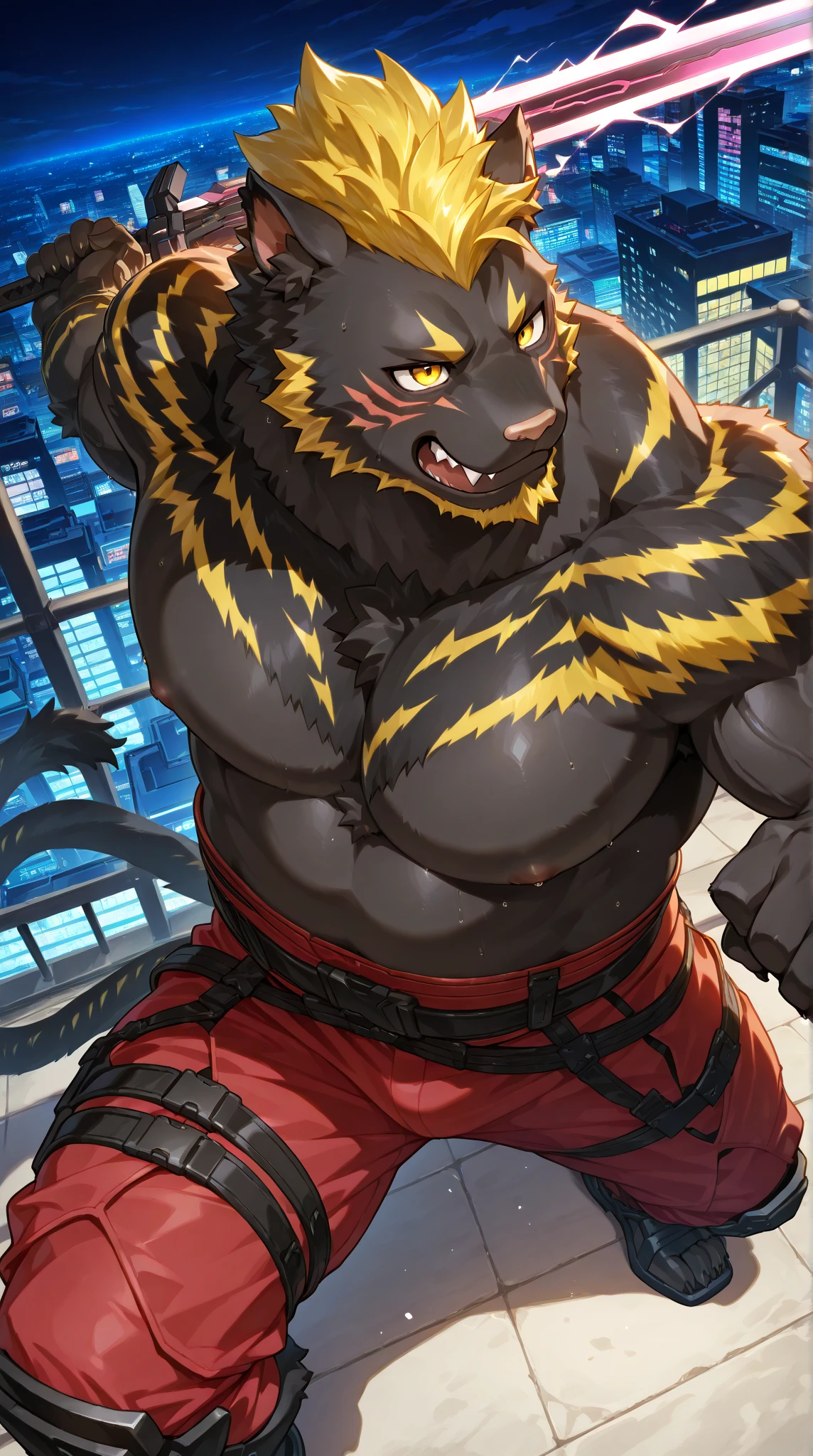Anthropomorphic wolf,werewolf,man,large pecuscular limbs,bare upper body,broad shoulders, huge crotch bulge, muscular, large, bearded, facial hair, body hair, chest hair, arm hair, leg hair,full body, grey fur ((high detail,masterpiece,best quality, high definition))