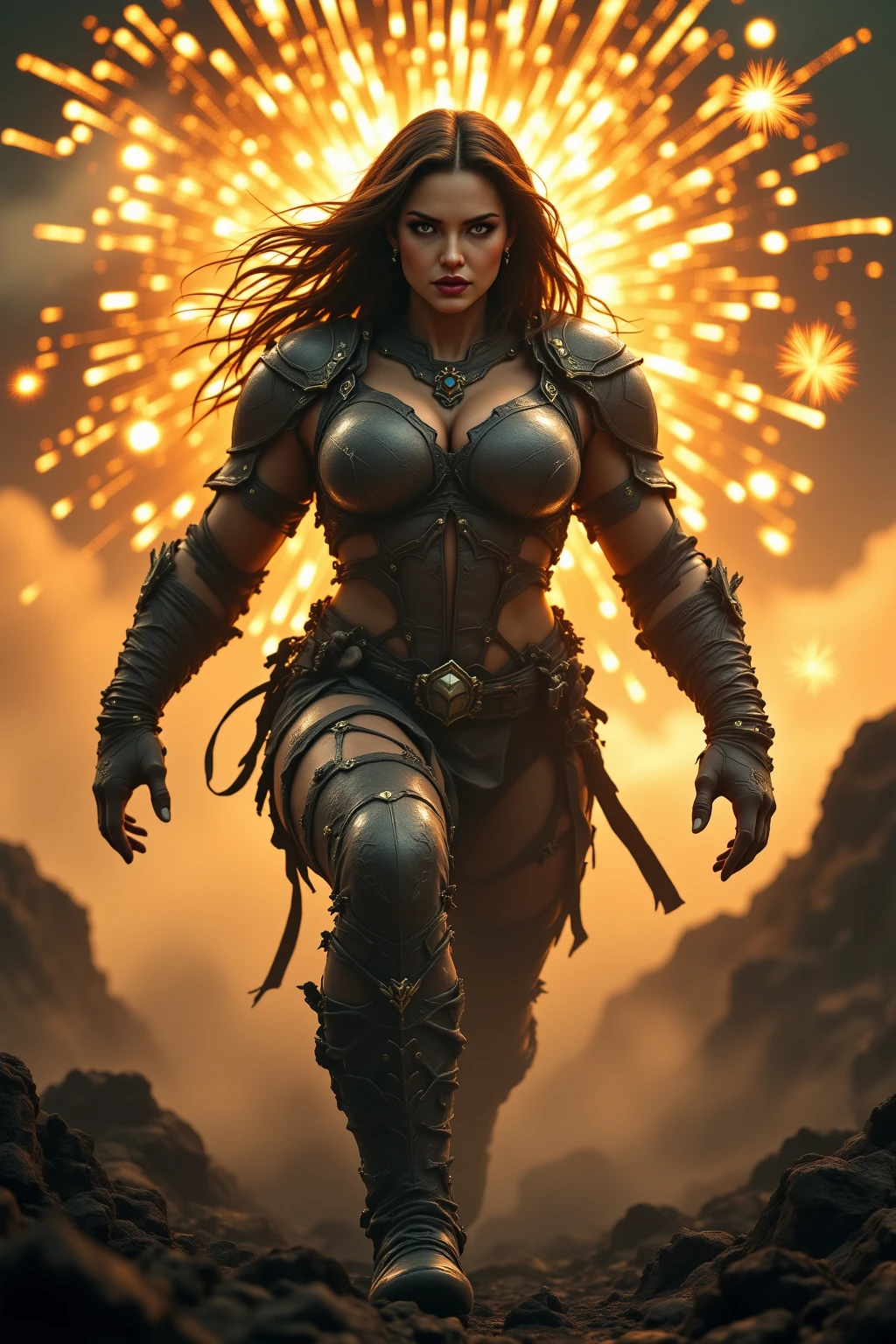 A girl with a muscular physique and large breasts, with a sad expression on her face. Her pale skin contrasts with her black hair and bright yellow eyes, which seem full of sadness. She has a graceful slim waist that accentuates her long and toned abs. She wears long leggings that accentuate her figure. It's all on a plain background that doesn't detract from her figure., chromatic aberration, 16k, 8k, HD, super detail, high details, high quality, anatomically correct, masterpiece, ccurate, UHD, retina, award winning, textured skin