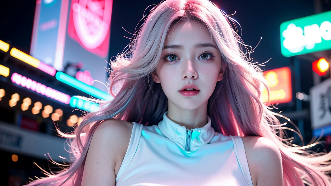 blonde girl with blue eyes, long blonde platinum hair, black leather clothes, night city background, pink neon lighting, intricate details, realistic, 4k, shallow depth of field, bokeh, photorealistic, maximum detail