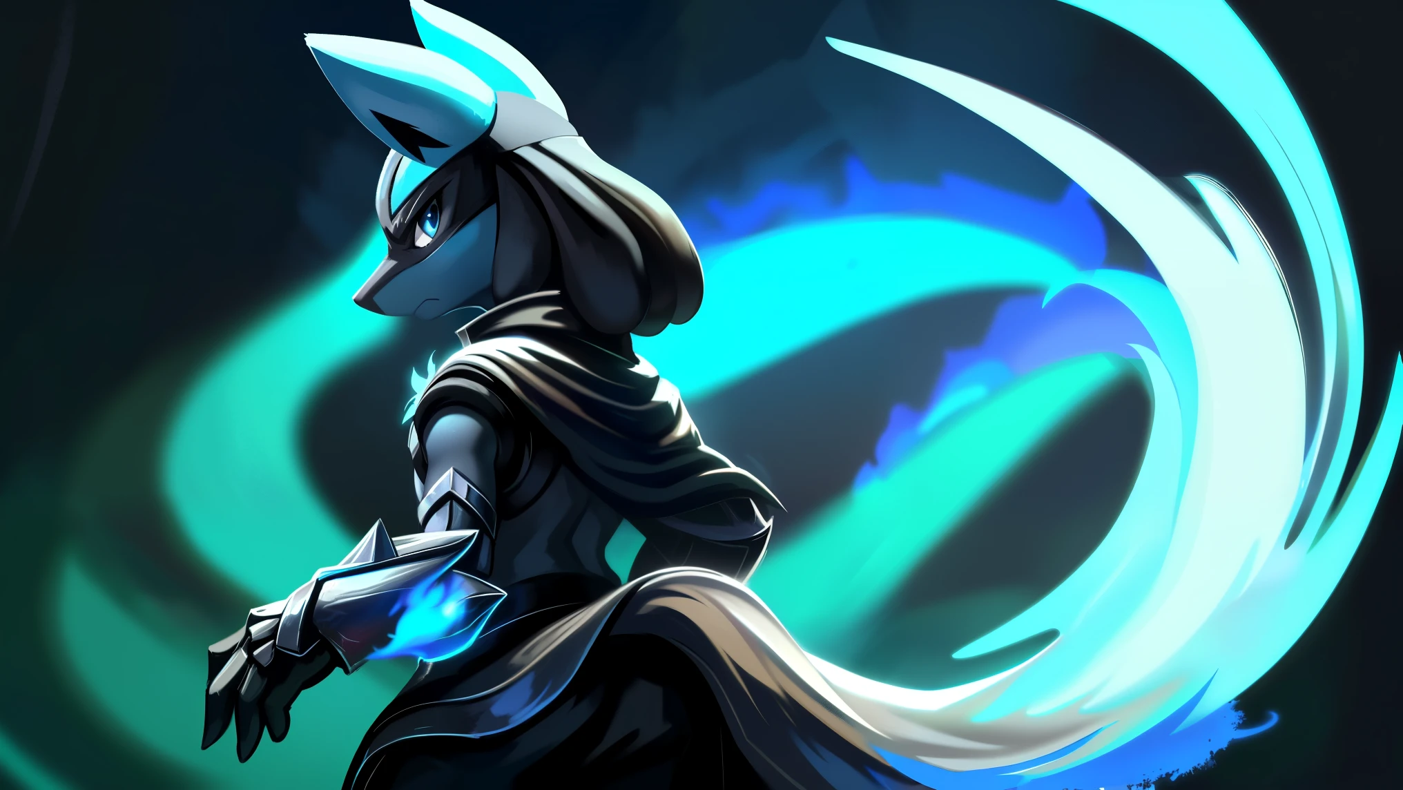 (((Lucario))), male, (((solo))), wolf, male, ((blue eyes)), (((black adventurer gear))), ((silver chest armor)), (((long black cloak)), ((black pants)), (black gloves), serious look, back turned, looking back, standing, blue aura, epic blue aura background, up close. Very good figure, masterpiece, best quality, dark