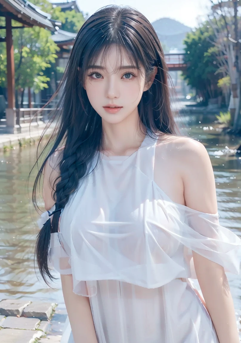 Master quality, highest quality, best picture quality, exaggerated details, a cute 8 year old asian with a shy expression, slightly squinted eyes, adjusting her hair, long eyelashes (long hair / very, very exaggerated big breasts _ tits / in hanfu chinese very wet body, thin cloth silk embossed pattern, short skirt silk), posing sit in front of the camera, wet throught rain, very wet body, thin cloth embossed pattern, pink white cloth, violet