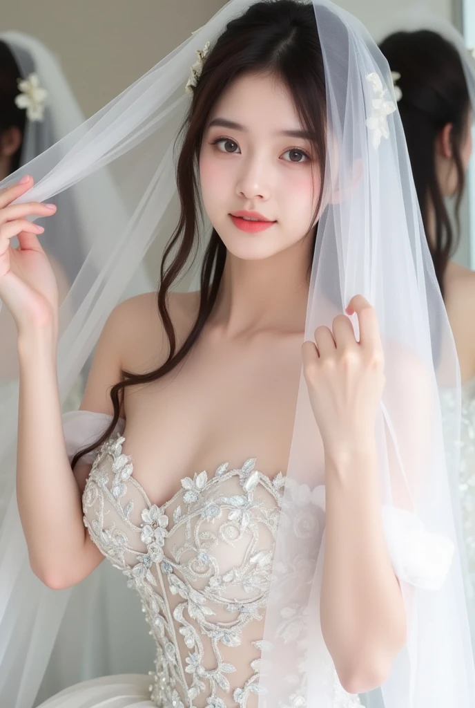 8k,Highest quality,(masterpiece:1.2),(Realistic),(Realistic:1.37),Ultra-high resolution,1 female college student,smile,Beautiful Eyes,holding the bouquet with both hands,Wedding hall,(((Wedding dress))),Big Breasts,Perfect body,Perfect Fingers,Professional Lighting,gravure,Detailed face and skin texture,fine grain,RAW Photos