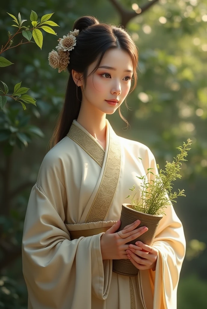 A young Asian shepherdess dressed simply, Rustic costumes, Holding a small basket of flowers or herbs, Symbolizes her connection with nature.