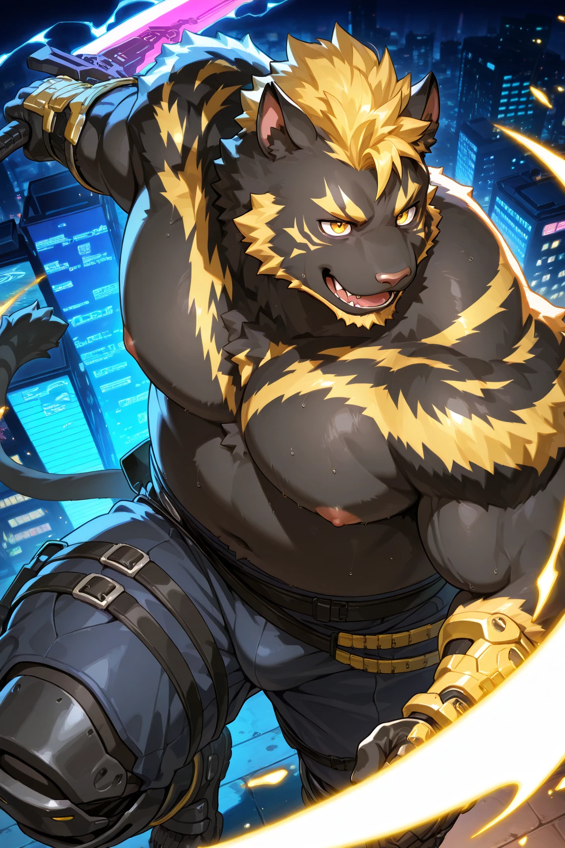 tiger furry, ((lick lips with tongue exposed)), black eyes, (高清晰圖), ((16 year old teenager)),cooper krager, 独奏, 1boyale focus, very muscly, chest muscle, muscle male, Briefs, Sharp nails, nightcity, Neon Sign, Hairy, Yellow fur,full - body,Full ,thick leglack socks,Kneel on both legs,Lewd expression,kneels on the ground,Single person, 高清, ((胯部有一个巨大的凸起)), Character outline lines clear, Raise one hand to expose your armpit, draw nipples, Facial features are clearer,