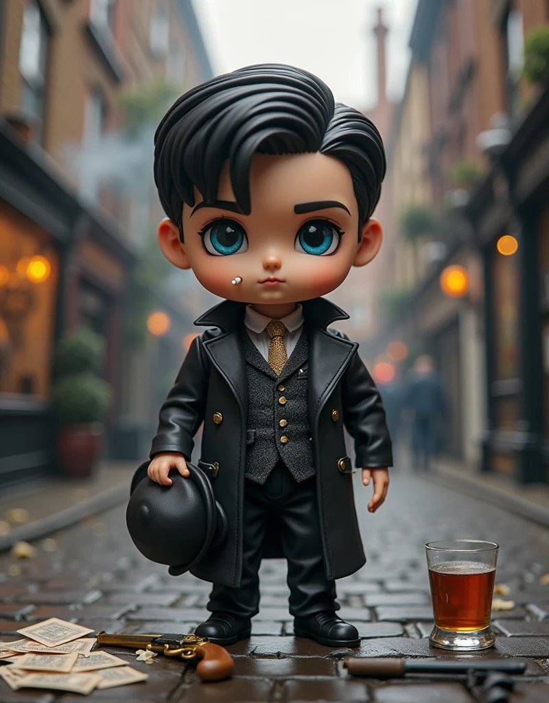 Make a black haired with a secret agent suit and suitcase