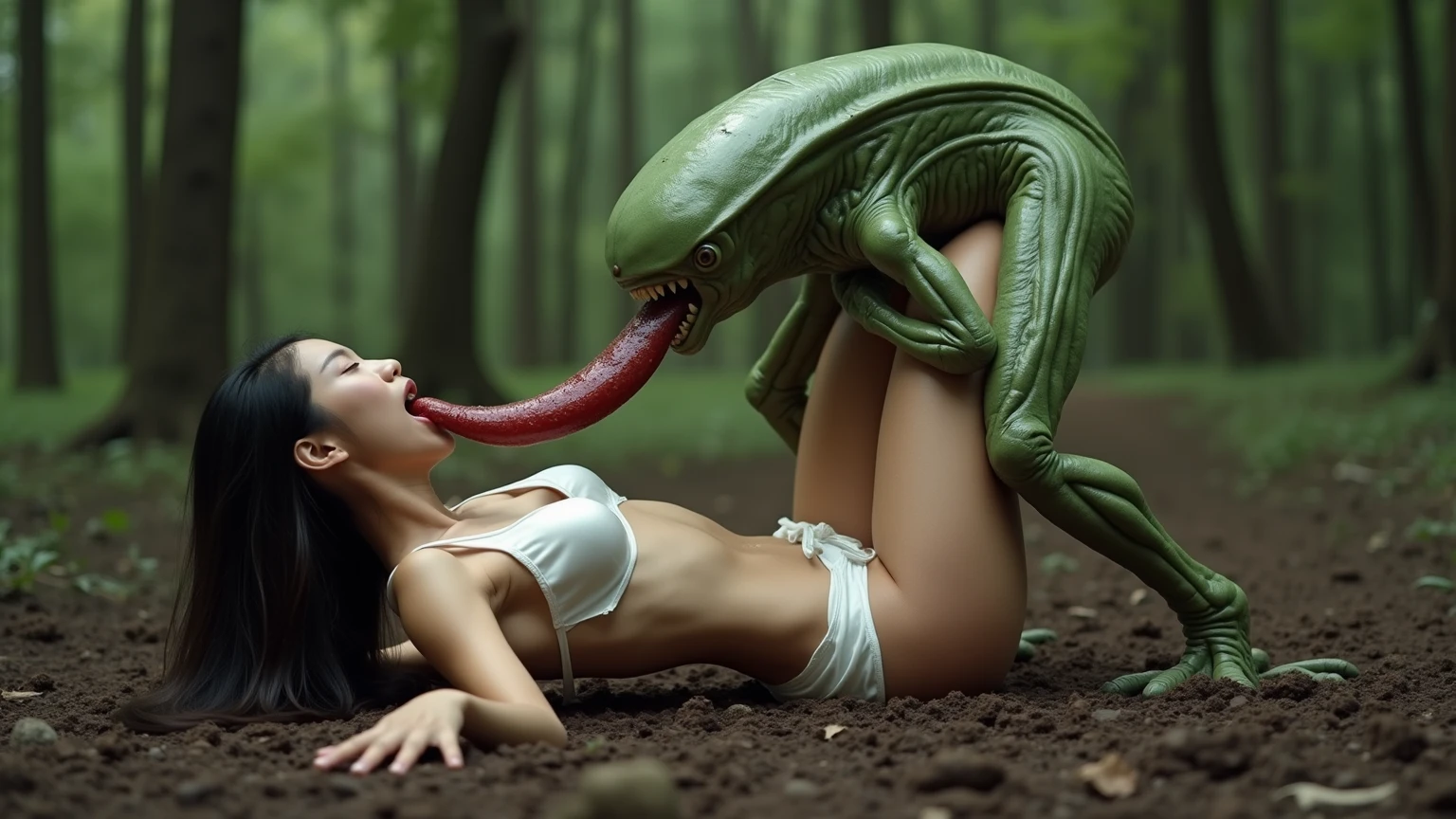 realistic, extreme detail, 8k, raw photo,1girl, tentacle sex, tentalce pit, swarm of tentacles,forest, tentacle in her mouth, night, pussy, anus