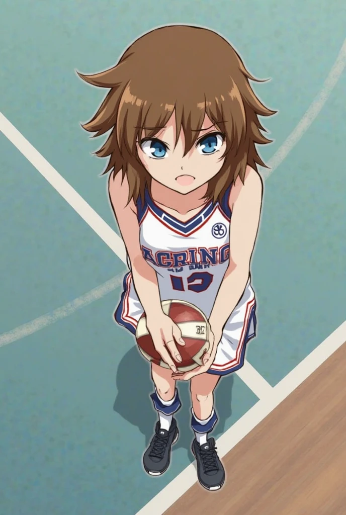 (best quality,anime,anime art style:1.2), anime screen cap,young girl, 13years old, sweat,playing the basketball,Intense angle,speedy movement,looking away,fun, sleeveless,