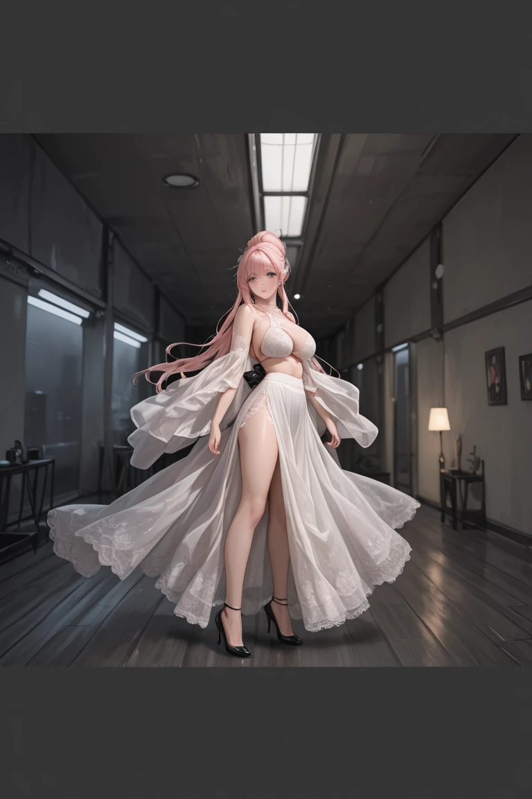 Great work，tmasterpiece，Ultra photo realsisim，hyper-detailing，ultra - detailed，1girll，Cute face，Delicate makeup（Heavy makeup），slim toned body，Big breasts semi-leakage，Wear pink and white sexy nurse clothes and matching accessories，stocklings，耳Nipple Ring，lipsticks，Visiting actions，full body detailing，Full body photo，Dark colors，with black background，Wallpapers