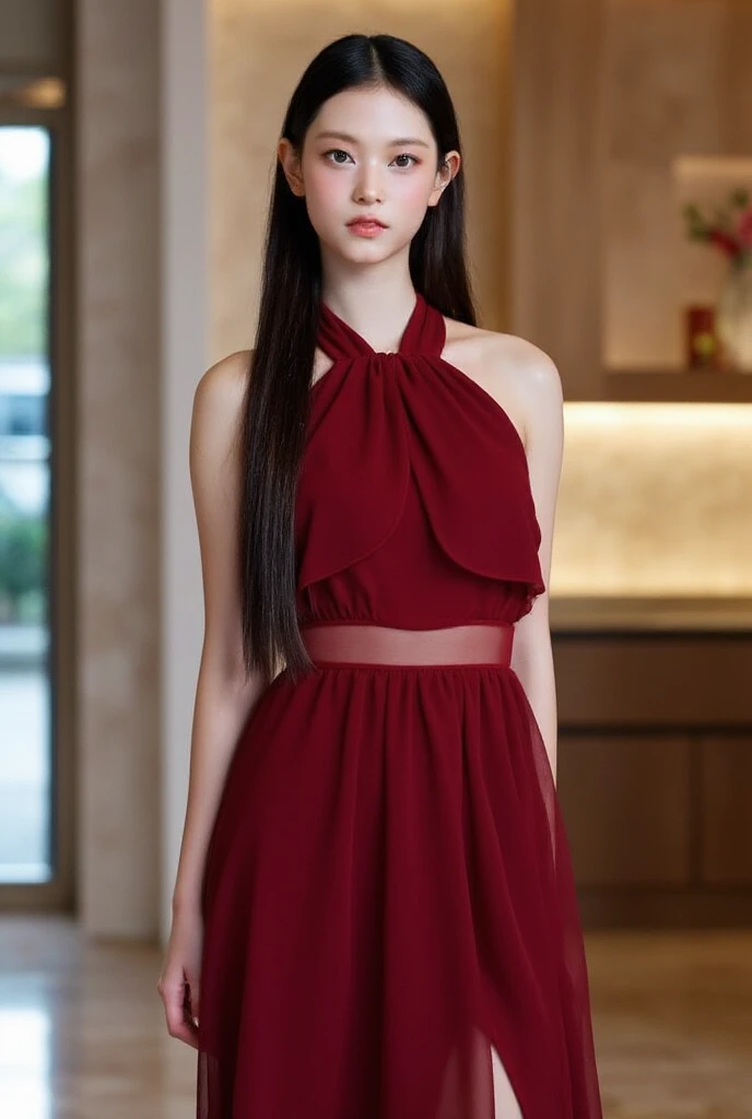 (8k、RAW Photos、Highest quality、masterpiece:1.2)、((Very flat chest、topless:1.7))、((night、night景、Short:1.5))、((Red dress、A long dress、barefoot:1.3))、((skinny:1.2))、(Realistic、Realistic)、1 person、(smile)、cute