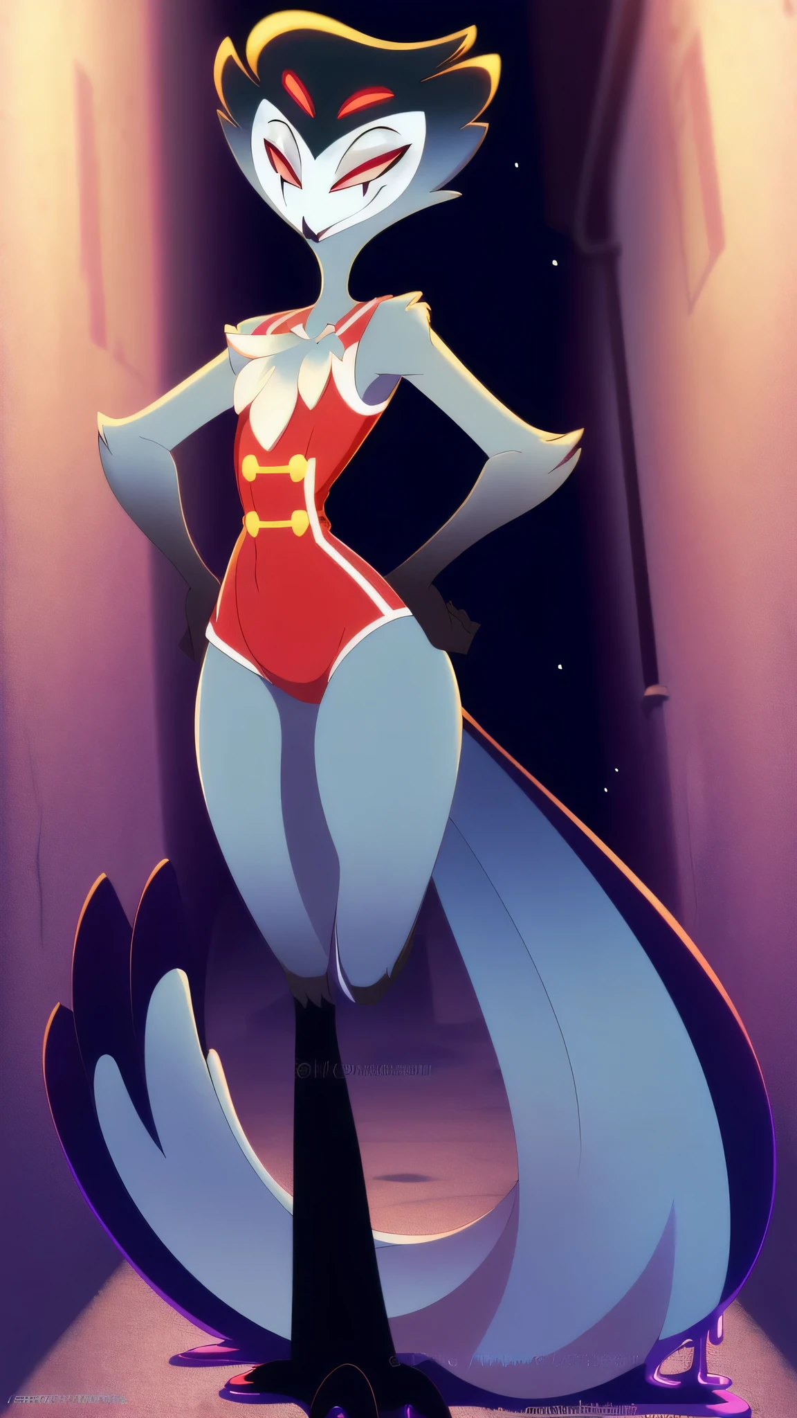 catmonkshiro (style), ((masterpiece)), ((8k quality)), (no watermark), stolas, male, sleek, shiny slime body, goo, gooey, long tail feathers, avian, avian tail, butt, solo, detailed alley, looking at viewer, wide hips, smirking, shiny, slimy, perfect body, inviting eyes, thighs, seductive pose, wearing red and white romper with gold buttons, front view, hands on hips