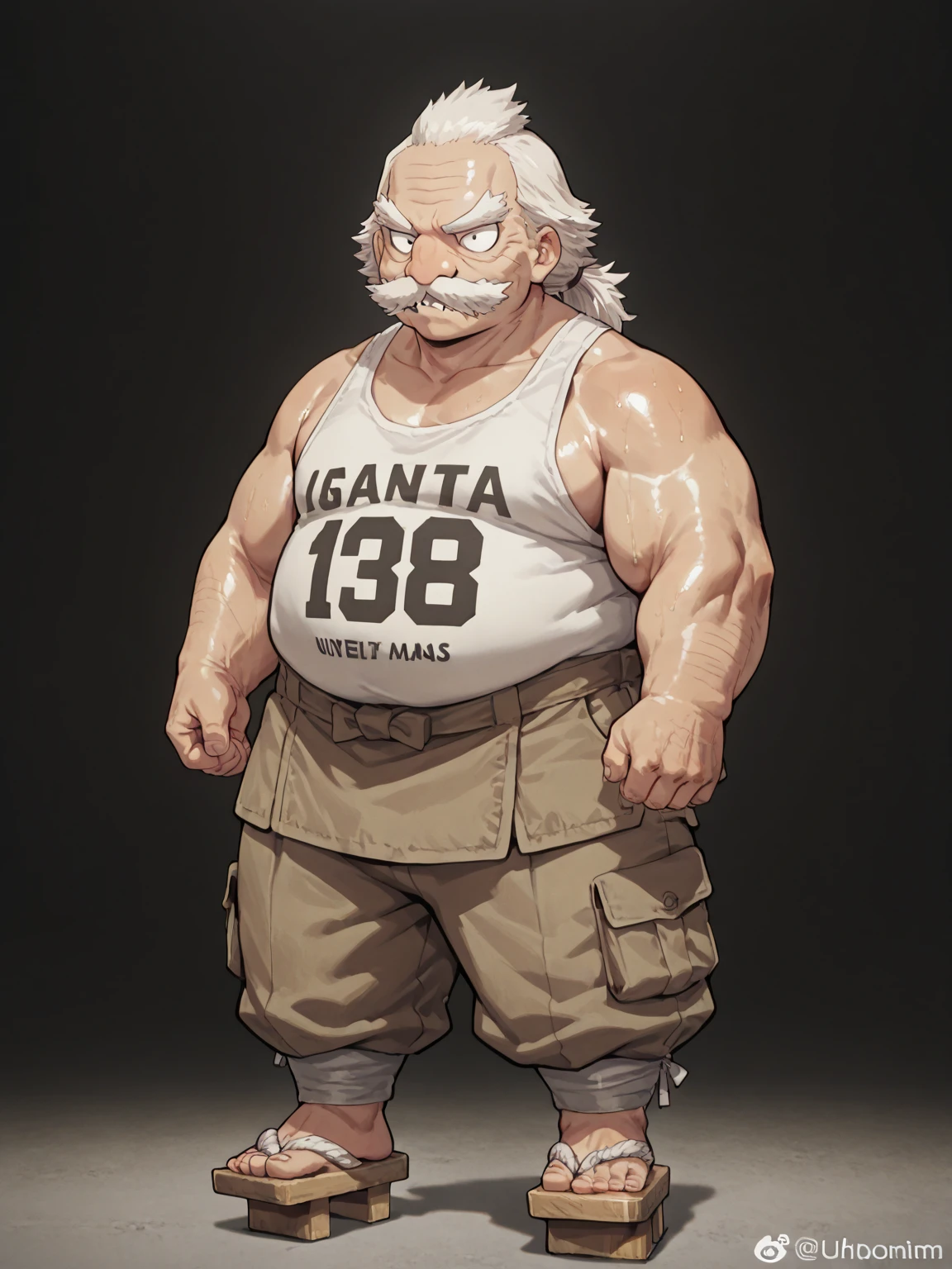 (((One Japanese old man))),長い眉毛,長い白髪,ponytail,long hair,((ぽっちゃりの丸顔))),big round nose,full body,great quality, old man ,Shiny skin,White baggy tank top,Beige baggy cargo pants,geta,male,facial tusks,round body,fat,thick arms,sharp tusks,hair tuft,masterpiece, 8k, high detail, f/1.8, 135mm, Nikon, UHD, retina, masterpiece, curate, anatomically correct, textured skin, super detail, high details, high quality, best quality, highres, 1080P, HD, 4K, 8k