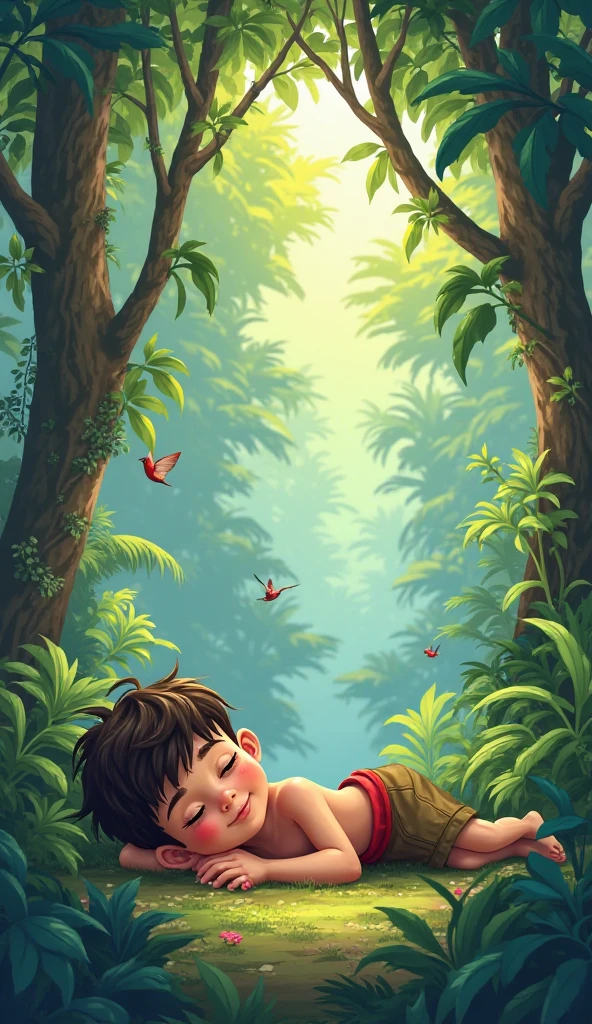 A boy is lie down under the tree and flow of water inside the beauty