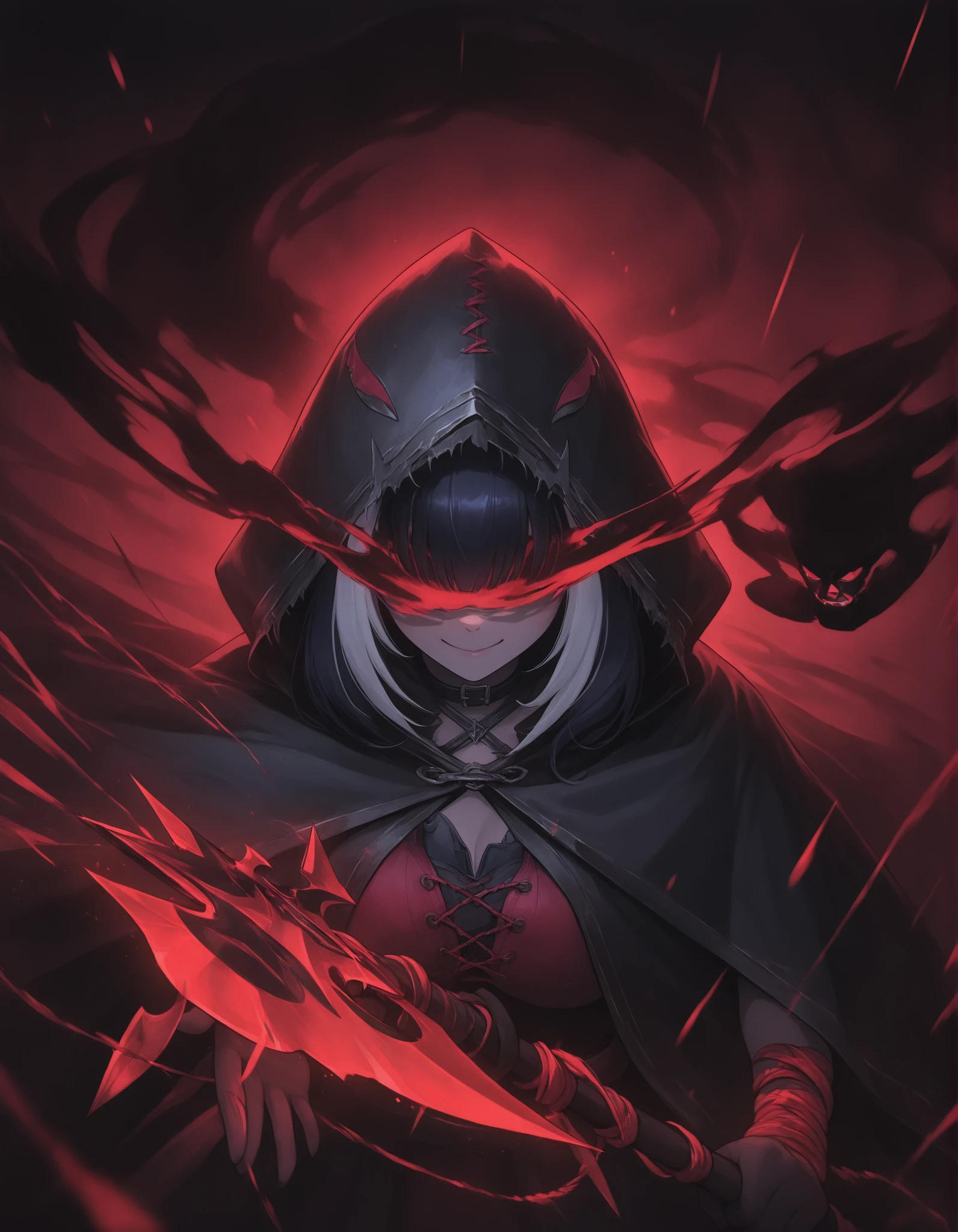 Shylily (VTuber),(rogue in SMOKE-WEAVE cloak:1.6), (FLIPPING over a guard's spear:1.4), (throwing knives TRAILING purple poison), (hood casting void-black shadows over eyes), neon alleyway lighting
,masterpiece, best quality, newest, highres, absurdres,