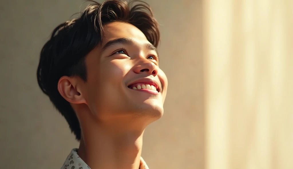 Close-up of faces,1 boy,happy laugh,Delicate face,Smooth skin,Elaborate Eyes, ( bokeh, Out of Focus, Soft Lighting, movie lighting, God Ray, UHD)