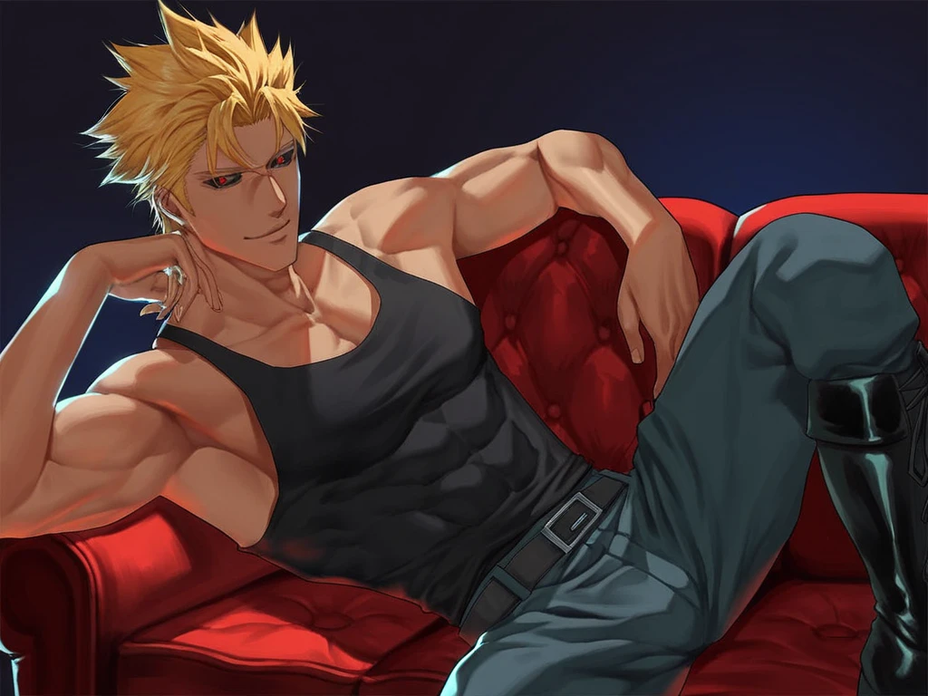 Bad boy, twisted waist, leopard print pants, shorts, muscular, yellow hair, short hair, handsome, lewd, tiger teeth, fangs, licking teeth, licking lips, bad smile, saliva, top crotch, scars, band-aids