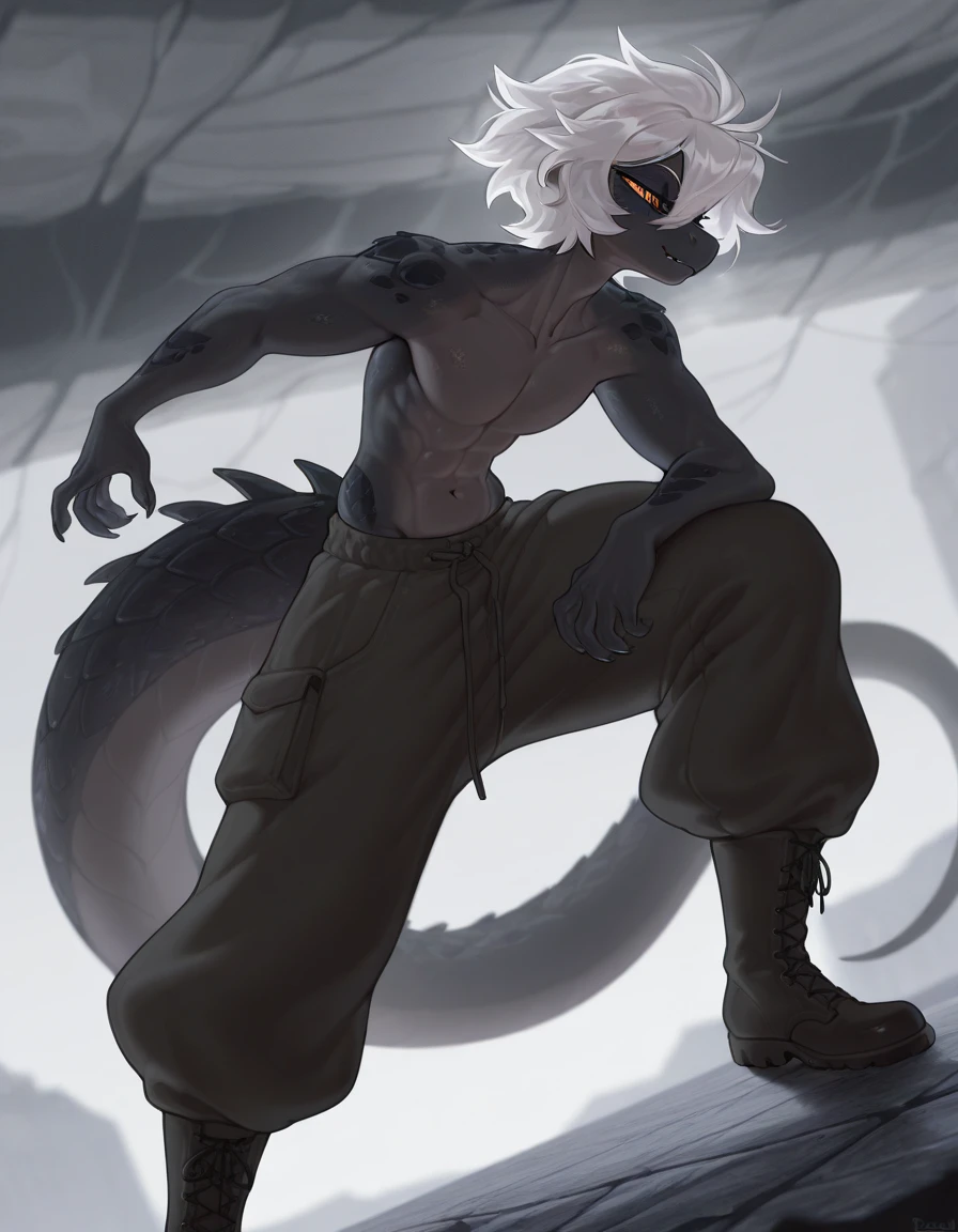 strong demon boy, adult, Red eyes, long white hair, He has a collar and wears boots, chest, ink style, 2d, animation, It&#39;s like he&#39;s on top of you, cornering you with his hands., tender and serious view, focused on his abdomen and mouth