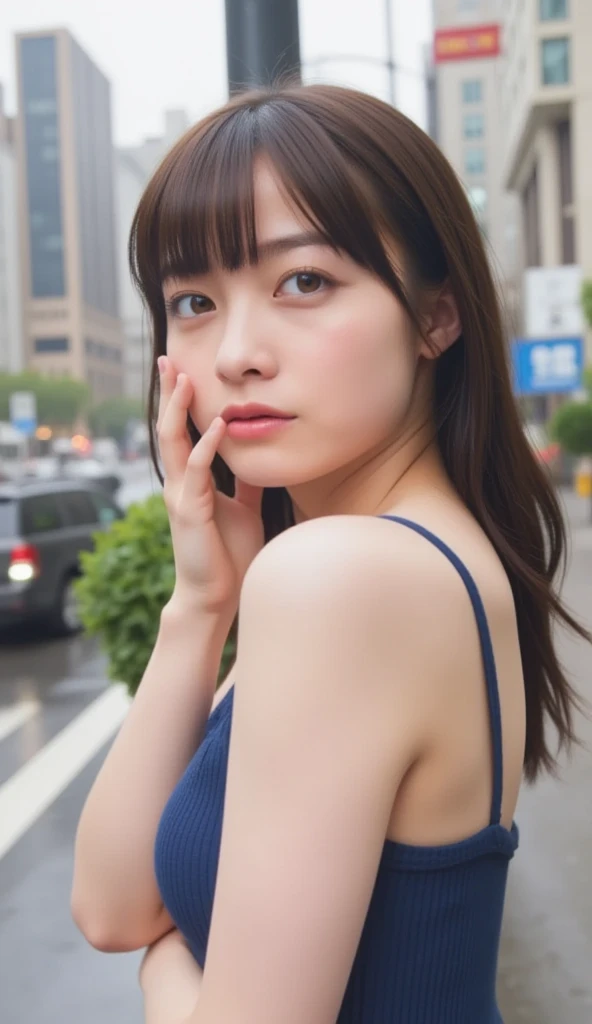 Woman posing on street corner wearing sheer lace dress, Highest quality, Girl 1, Big Breasts, sun, bright, Blurred Background, Bokeh, Outdoor, (street: 0.8), (people々, crowd: 1), (Cropped length with lace) dress: 1.5, sleeveless dress, whole body, Light grey clothes, light gray color high neck dress: 1.2, light gray color dress: 1.5), nice ( short hair, amount: 1.2), Sagging eyes, Beautiful detailed sky, Earrings, (Upper Body: 0.8), Soft lighting, Wind, Shiny skin, smile