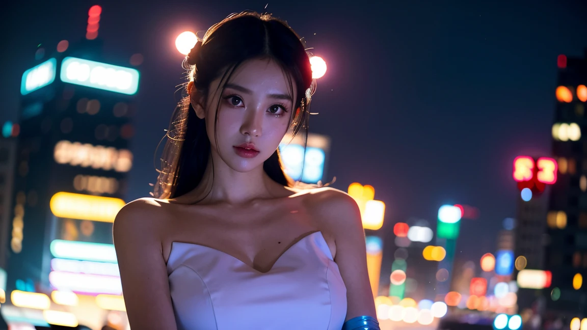 (8k, RAW photo, best quality, masterpiece:1.2), (realistic, photo-realistic:1.37),1girl,cityscape, night, rain, wet, professional lighting, photon mapping, radiosity, Chinese Doll,torn ,chemise, large breasts,nurse, wedding dress