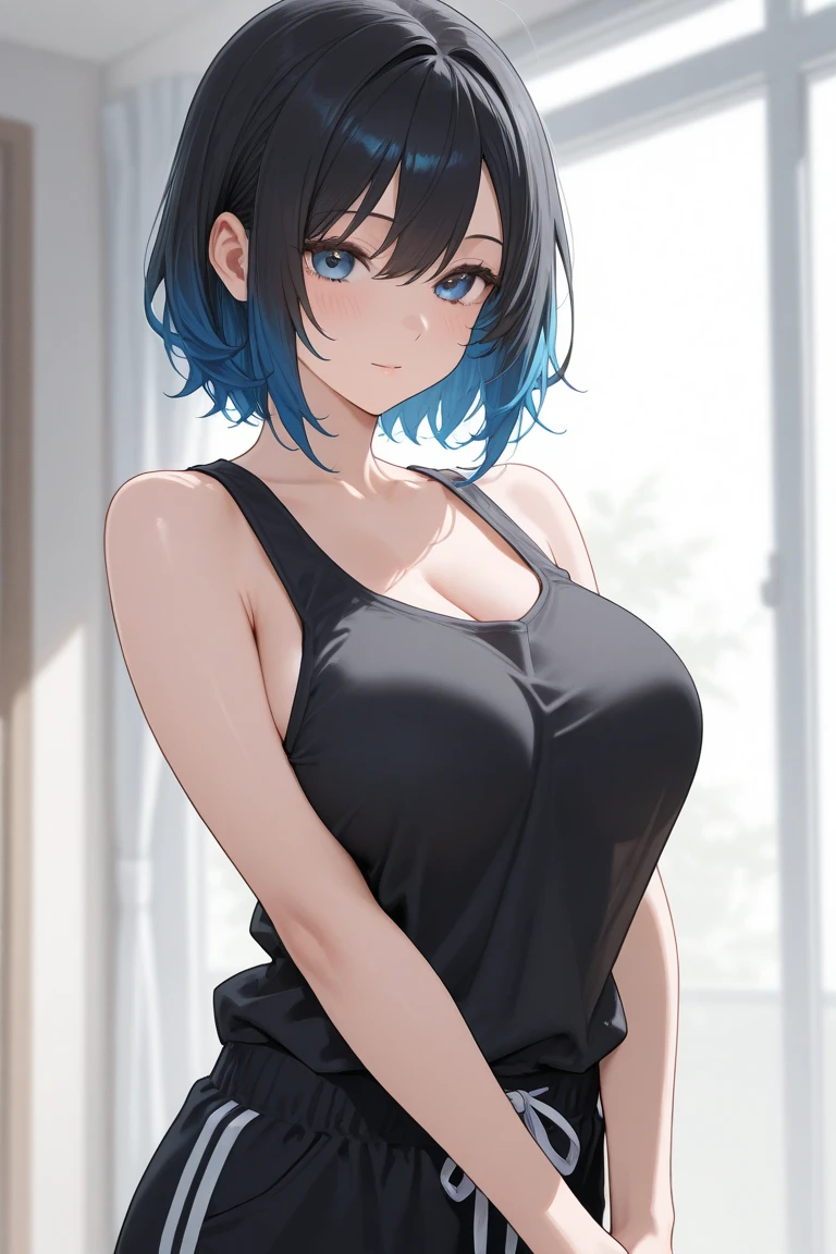 chibi upper body big head laugh, light blue eyes and tousled short black hair, very large breasts, translucent sports bra