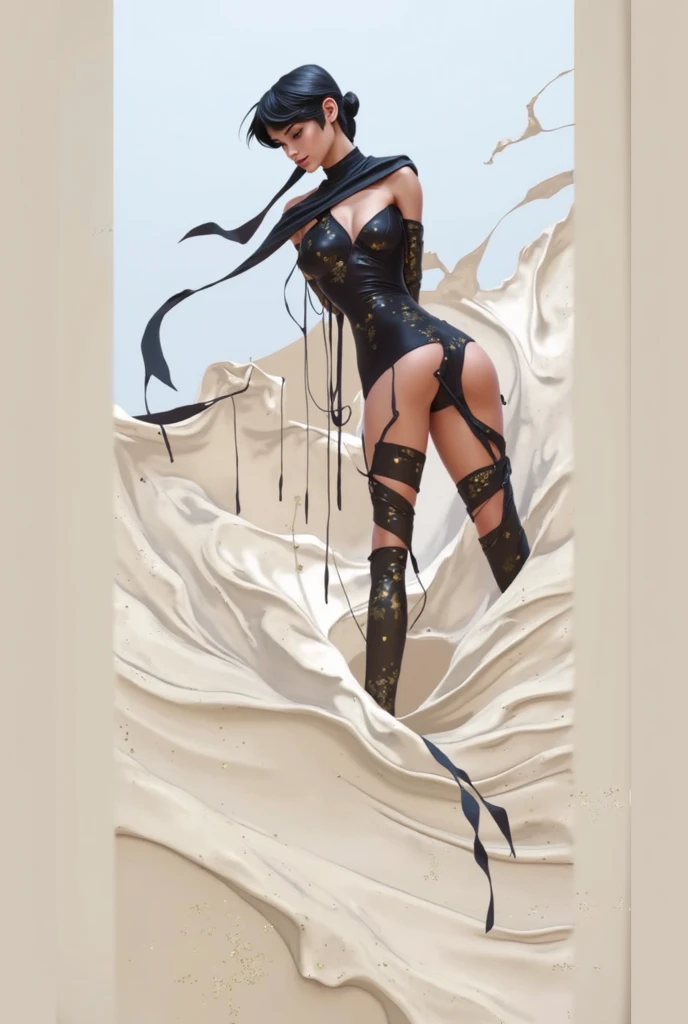 Illustration art，Whole body movement，Sexy woman in sexy clothes，Soprano Woman，Very cool facial expression，Gorgeous background，Great erotic art，painting art，Sexy art，sideface，facing away from the audience，Detailed body part details，long leges，Inspired by J.c.Ryan Decker，Epic European and American illustrations，Tall，The whole body is evenly sexy
