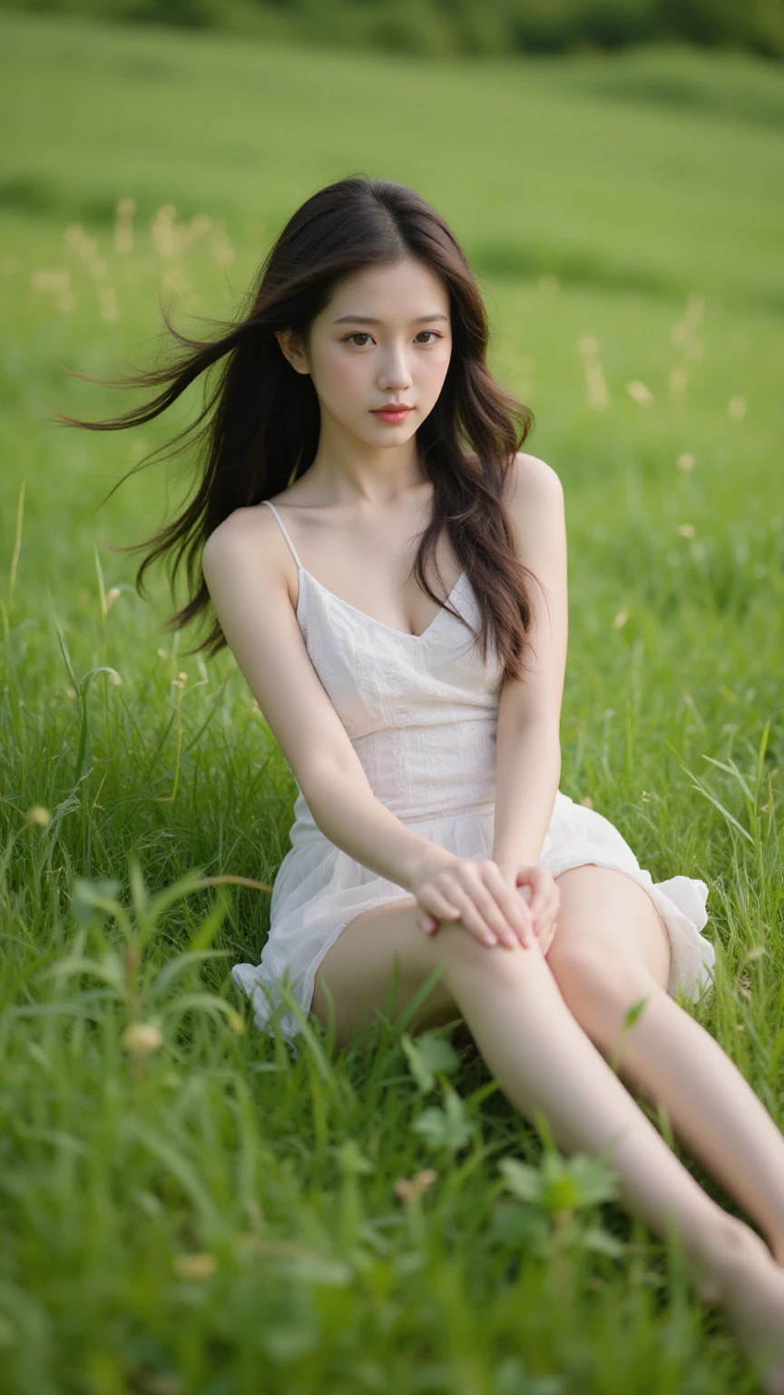 ,masterpiece, best quality,8k, ultra highres,Reallightandshadow,Cinema lenses,(beautidful eyes:1.1), ((中景 the scene is,The upper part of the body)),dynamicposes,On a green meadow,A gentle goddess came with a gentle step。She wore a white dress,A gentle breeze blows,The skirt dances lightly。The sun shines through the leaves on her hair,Reflecting her clear eyes and gentle smile。Colorful butterflies flew around her,Flowers bloomed at her feet,It was as if nature was cheering for her。
