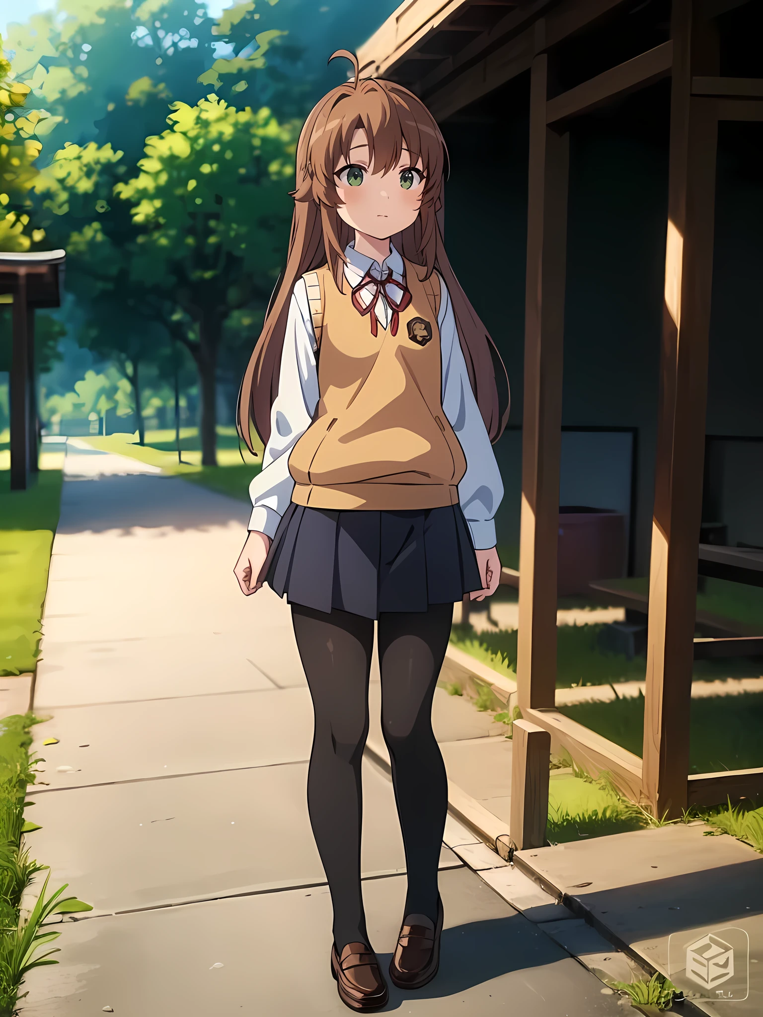 (masterpiece, top quality), EXTREMELY detailed CG Unity 8k wallpaper, high definition, bold composition, masterpiece, best quality, amazing quality, very aesthetic, high resolution, ultra-detailed, absurdres, newest, scenery, depth of field, lighting , artistic composition screencap, flat anime, 1 girl, Japan, embarrassing, blush,, come to stand at attention, view from front, nonkomari, dwarf, little_girl, , school_uniform, sweater vest, neck ribbon, brown_hair, long_hair, green_eyes, blush, antenna_hair, bangs, Full Length, black pantyhose