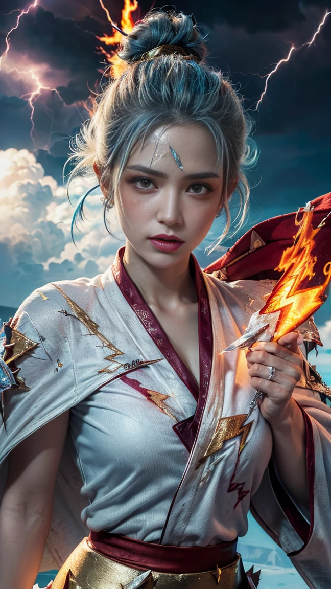 (Single) samurai, single ,white hair ,mark on sholder, blood dripping from eye, blue flames in background ,old look buliding is on fire , sky ir crimson red , red sword in hand ,one-eyed ,green colour dress,