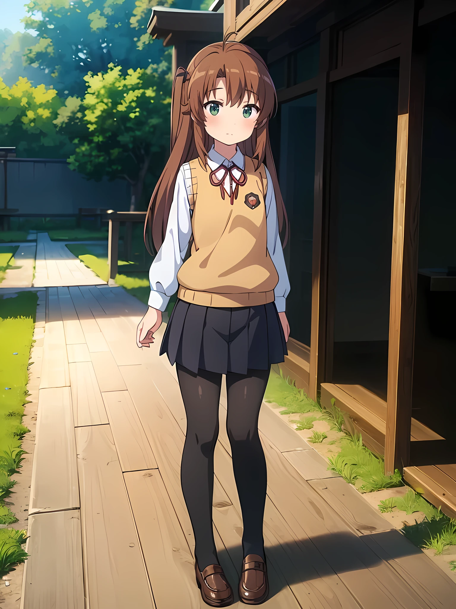 (masterpiece, top quality), EXTREMELY detailed CG Unity 8k wallpaper, high definition, bold composition, masterpiece, best quality, amazing quality, very aesthetic, high resolution, ultra-detailed, absurdres, newest, scenery, depth of field, lighting , artistic composition screencap, flat anime, 1 girl, Japan, embarrassing, blush,, come to stand at attention, view from front, nonkomari, dwarf, little_girl, , school_uniform, sweater vest, neck ribbon, brown_hair, long_hair, green_eyes, blush, antenna_hair, bangs, Full Length, black pantyhose