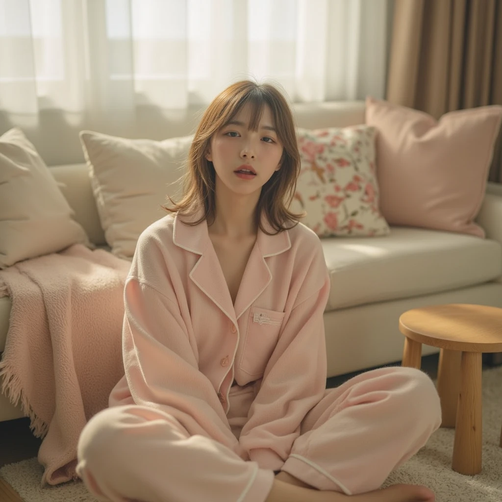 masterpiece,highest quality,Highest Resolution:1.2 Hyperrealistic:1.5,8K Raw Photo:1.5、Realistic, A girl,Wearing sexy pajamas、lure,Coquettish、Study Room,sofa、Random fascinating movements,To the camera,Imaginative、((First Love))、Soft Light,Lens flare,Cinematic,Depth of written boundary、