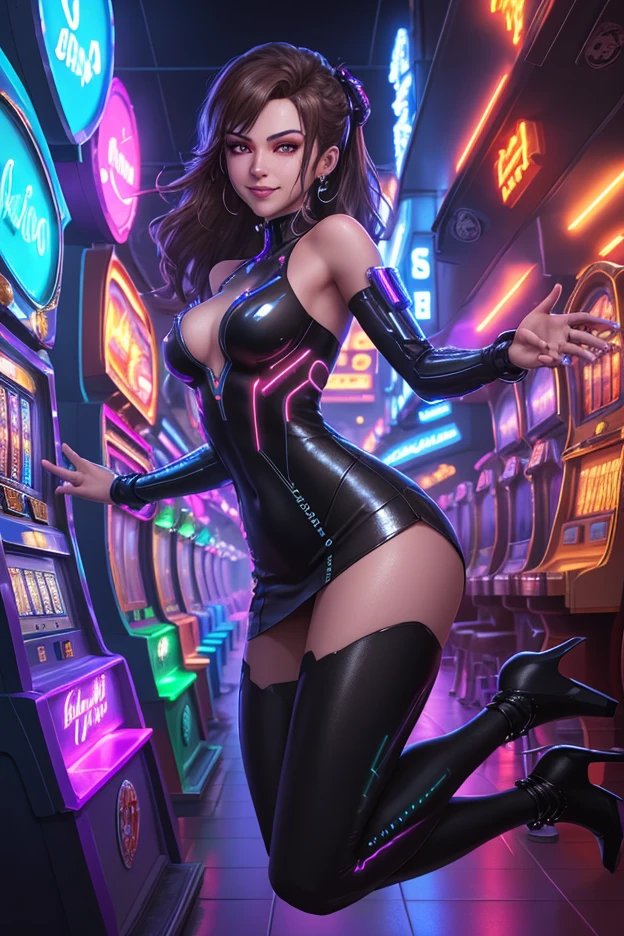 Young beautiful woman,(Highest quality,Extremely detailed depiction,Incredibly absurd high resolution,Anatomically accurate depiction,Curvy Legs),(Glowing Skin、Shiny skin、Oilskin),(A succubus disguised as a bunny girl),(High gloss latex bunny dress,High heels,black tights,Tanned brown skin,Perfect body),(A seductive smile,blush,eyelash,Sidelong glance,Glossy red lipstick,There is cleavage in the chest,Large Breasts,Reaching for this),background:Inside the casino
