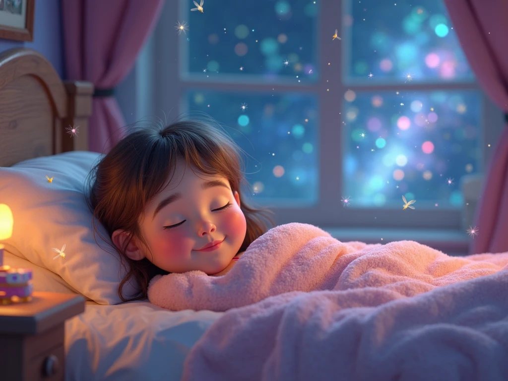 Animated 3d render An 22 year old girl   brown hair   sleeping  on her bed in her blanket at night  animated ,3d render  wearing trouser shirt 3d render 