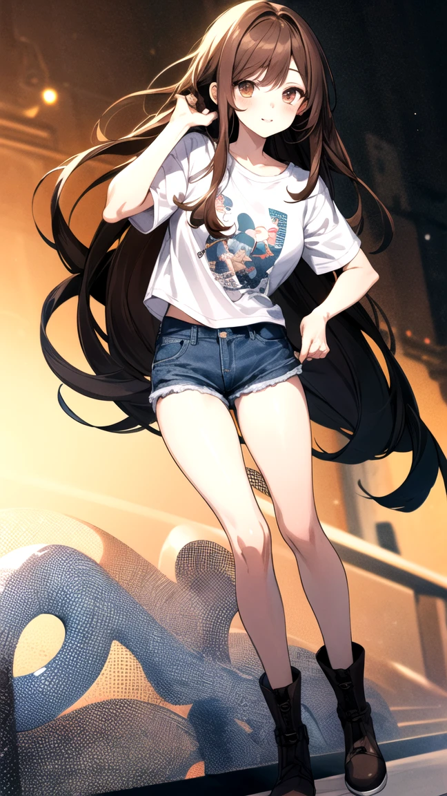 20-year-old,1 Girl, Extremely thick thighs, Surreal, 8K, (Extremely detailed 8K), (Very delicate and beautiful), (masterpiece), (Better Quality:1.0), (Ultra-high resolution:1.0), (masterpiece, Highest quality), cute,Black Hair,Long Hair、Laughing with your mouth open,Glowing Skin,, Short sleeve shirt,Short denim pants、Leaning forward,Reaching out,Low - Angle,