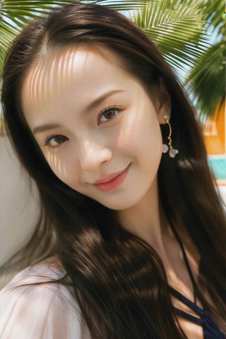 (masterpiece, Highest quality:1.1), (8k, RAW Photos, Photo realistic:1.2, f22), (Glowing Skin), Detailed skin, Detailed face, smilee,fine grain,Long Hair, break, Real World, (Very detailed, Cleavage), Intricate details, smile, One Girl, (shirt)、 (Overseas tourist attractions:1.4)