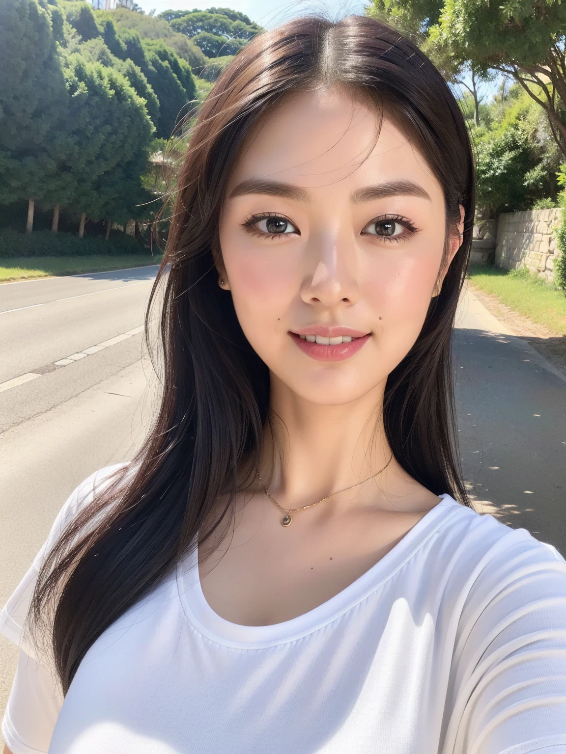 ((highest quality, 8K, masterpiece:1.3)), concentrated:1.2, Perfect body beauty:1.4, Hips:1.2, ((Delicate Hair)), (A fashionable summer T-shirt with a colorful irregular neckline, back tie and slim fit.、 :1.1) , ((highest quality、8K、masterpiece:1.3))、1 Girl、A sloppy smile、Esbian all over、Slim face、Big 、Beautiful woman、(Dark Brown Hair)、、1.1、Flickering Valley、Detailed eyes、double eyelid、Blurred Background、超Slim face、Looking down、garden、