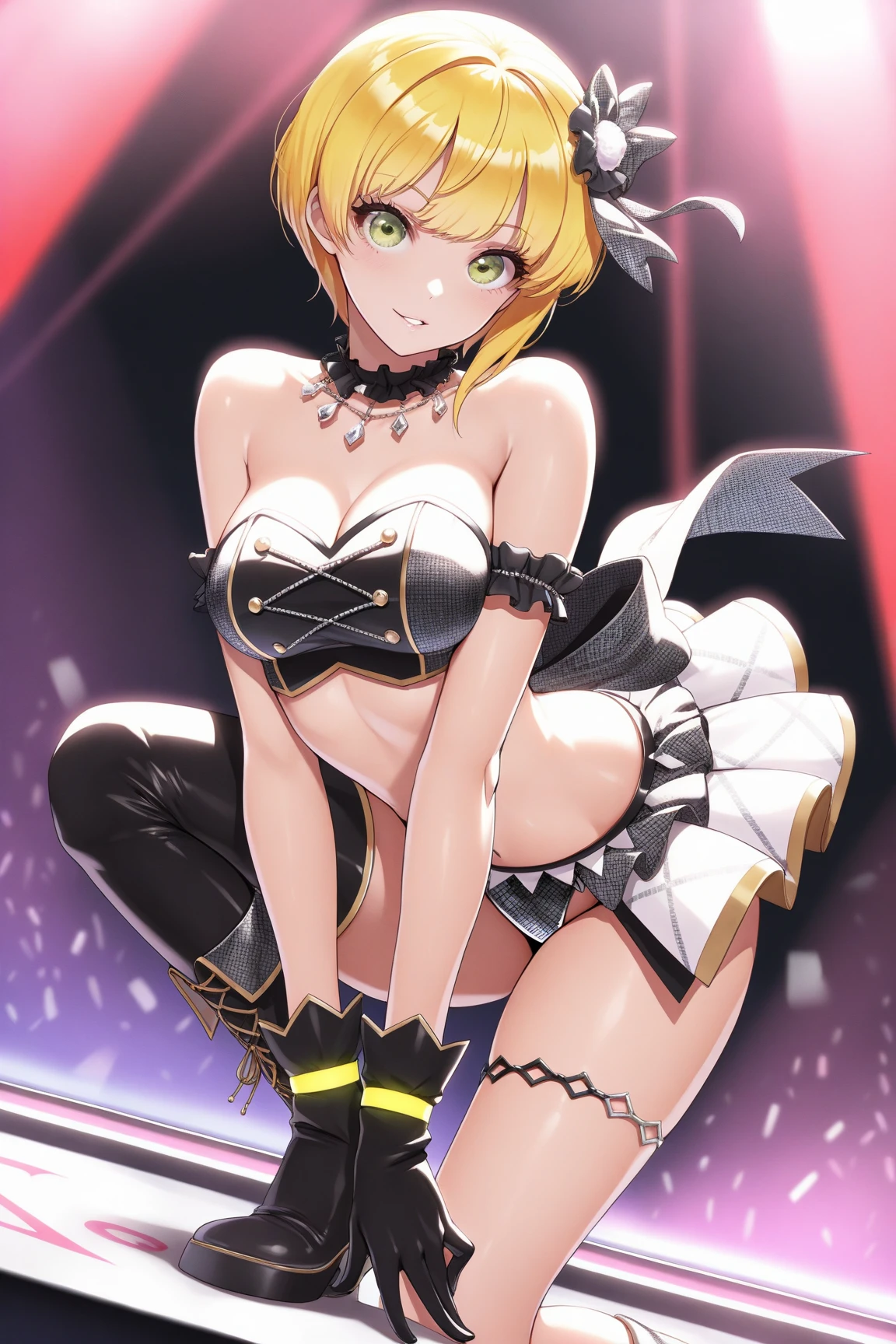 1girl,solo,(standard height),full body,standing,(blonde hair:1.6),short hair, (red hairband:1.2),hair ornament,(one side red butterfly ribbon),(yellow eyes:1.4),(beautiful fingers:1.6),(perfect anatomy:1.4),(arms_behind_back:1.6),(cold_shoulder:1.2),BREAK,(yellow leather lace glossy silk lamé playboy bunny:1.6),(purple pencil mini skirt:1.4),(latex luster shiny glossy metallic:1.6),(shiny_clothes:1.6),medium breasts,beautiful breasts,(masterpiece),best quality,(Ultra high definition eyes:1.2),8k,(Beautiful detailed eyes:1.2),(Fine and beautiful eyes:1.2),(pretty eyes:1.2),finely detail,extremely CG, absurdres,high resolution,illustration,Detailed and beautiful outlines,finely detail,high resolution,(colorful refraction:1.4,Increase saturation:1.2),beautiful lighting,dynamic lighting,closed room,black background,simple background, smile,looking at viewer,mio,gtold gloves,spider web print,sash,obi,(yellow rabbit ears:1.4),(yellow thigh boots:1.4),(white Clear PVC sheets sleeves:1.4),(sheer sleeves:1.4),(see-through sleeves:1.4),(wide sleeves:1.2)