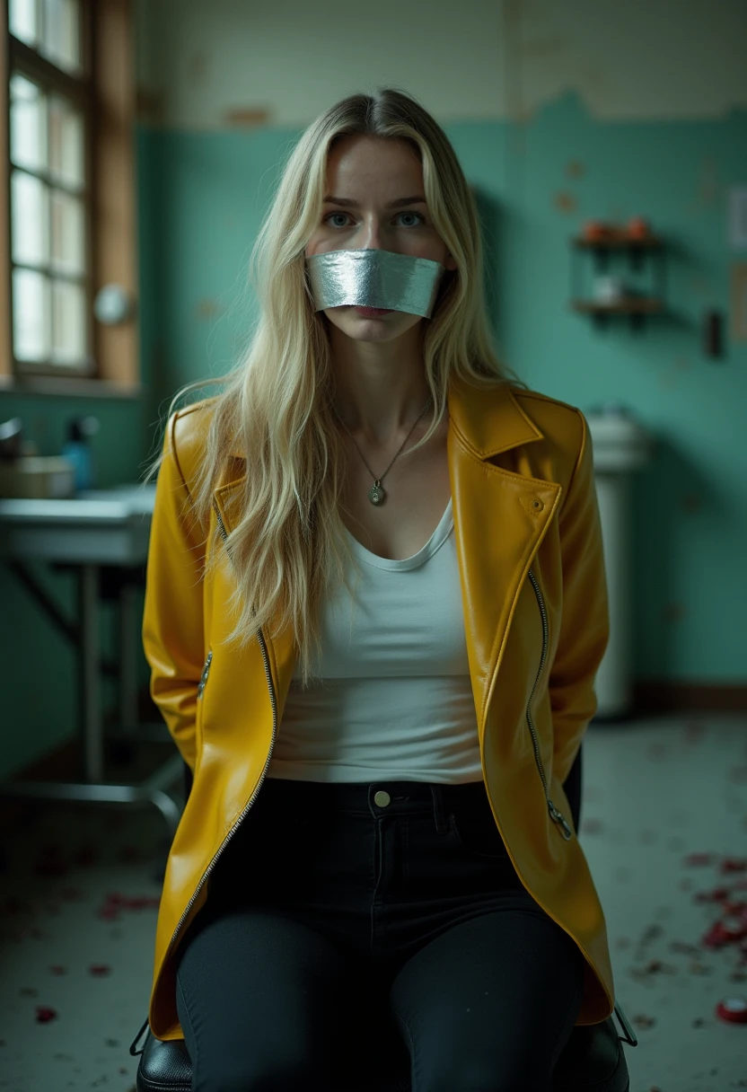 A young blonde girl who was and tied to a chair with her mouth taped shut
