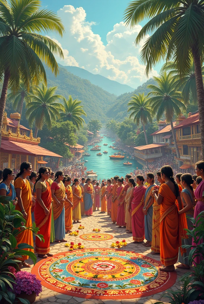 In a 4:5 aspect ratio, recreate krishna baby shower in a green village setting. Add a snowy mountain, villagers playing with colour. Add lord shiva, parvati, lord vishnu, lakshmi and lord bramha and saraswati blessing them from the sky.