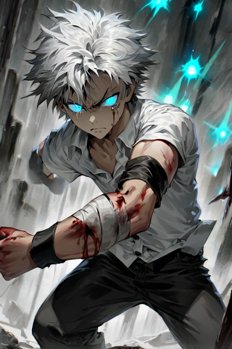 Young boy, short white hair, cat ears, cat tail, purple eyes, claws, lot of scars on body, burns on body, skinny, claws, open torso, bandages on body, black pants , lightning, blood, Masterpiece, best quality, Full HD, 8k, ultra details, great graphic