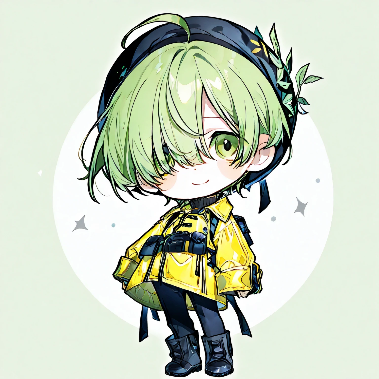 (boy), green ivy hair, green eyes, short cut, side part, ahoge, hair over one eye, thin eyebrows, young, expressionless, alone, short, Shota, solo, at night, Thin, yellow coat, pants, mild smile, waist pouch, long boots, cap, laughing, looking at viewer, chibi chara, Solo