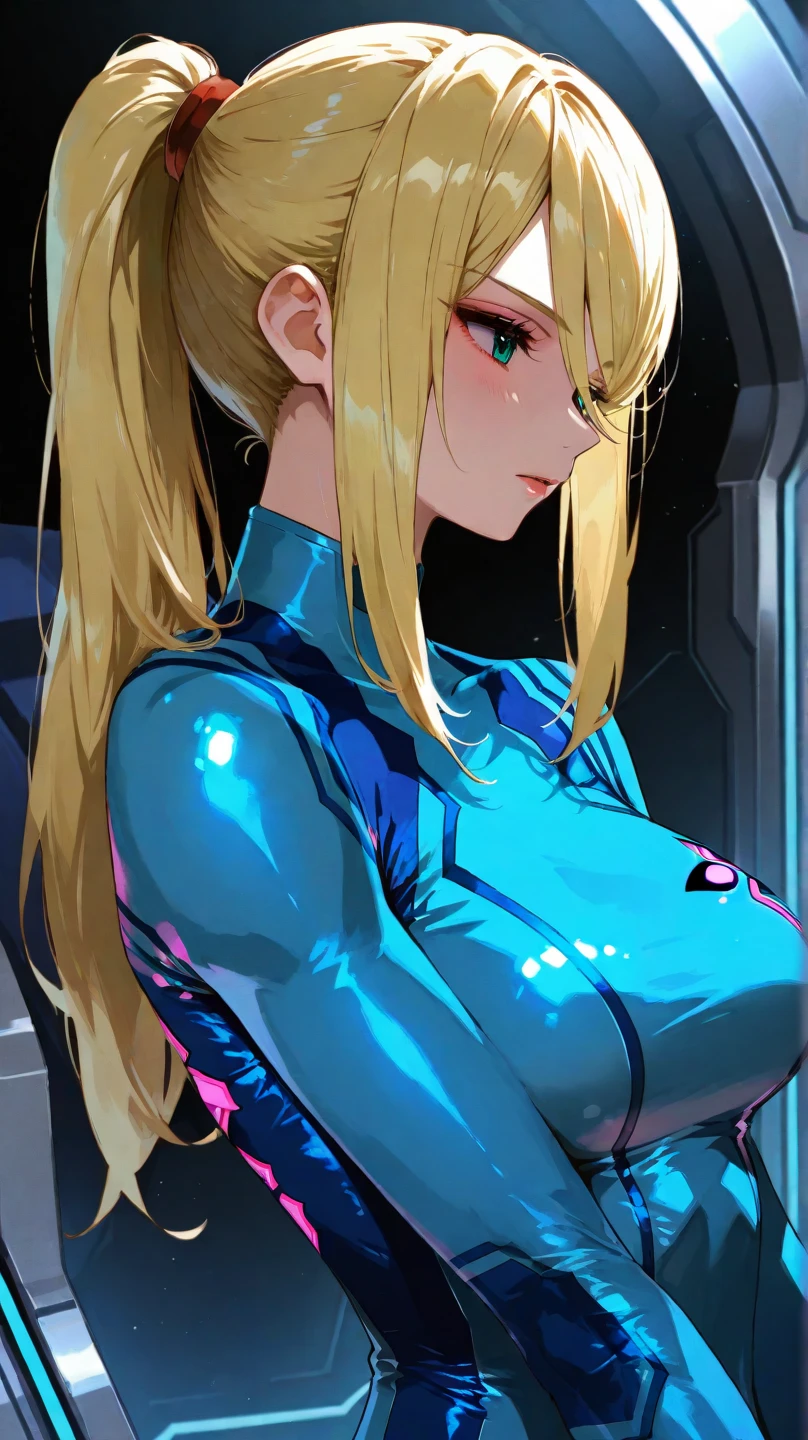 Tight waist, View your viewers, Seductive posture, Sexy pose, Fascinating, clean, Beautiful Face, Pure Face, Pale skin, Samus, Mole, ponytail, (blue eyes), In the spaceship, Big Breasts, She is wearing a pink bikini