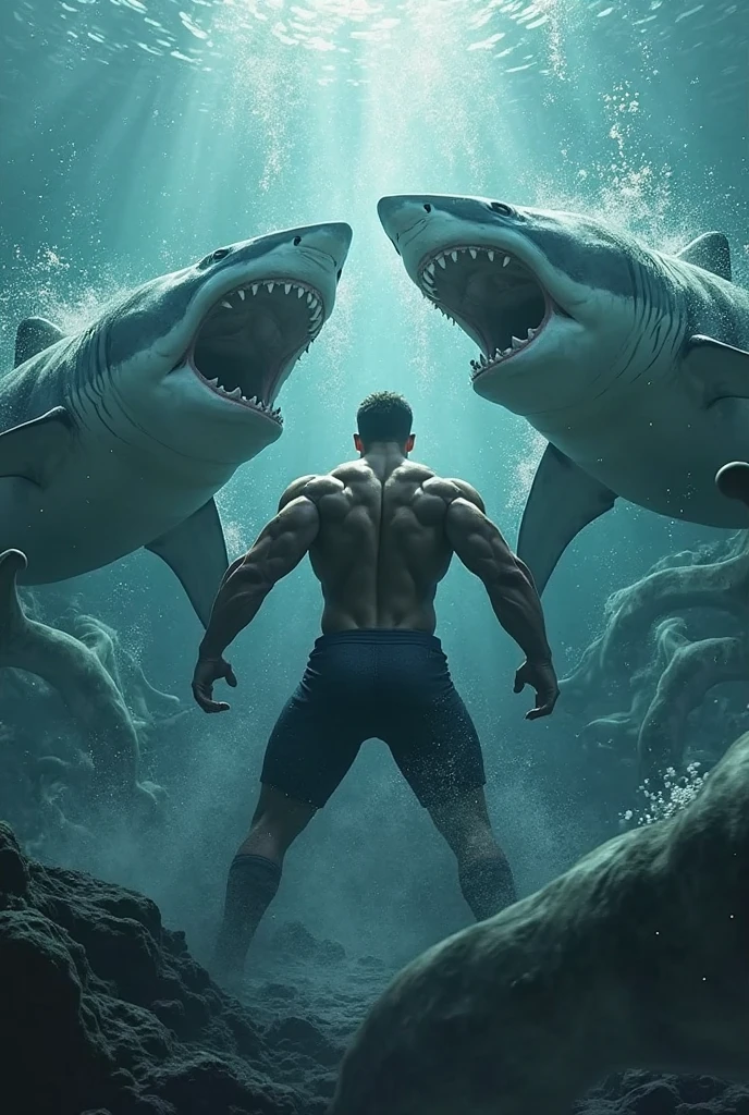 ((Highest quality)), ((masterpiece)), (Swim away:1.6),  (Face of fear), (Women like bodybuilders), Off-white short-sleeved shirt with light brown vest、A muscular man with a bodybuilder-like build wearing a knee-length black skirt, dark green socks and black shoes.々Short-haired woman、襲ってくる大量のホオジロザメから必死にSwim away様子、Ocean surface image、